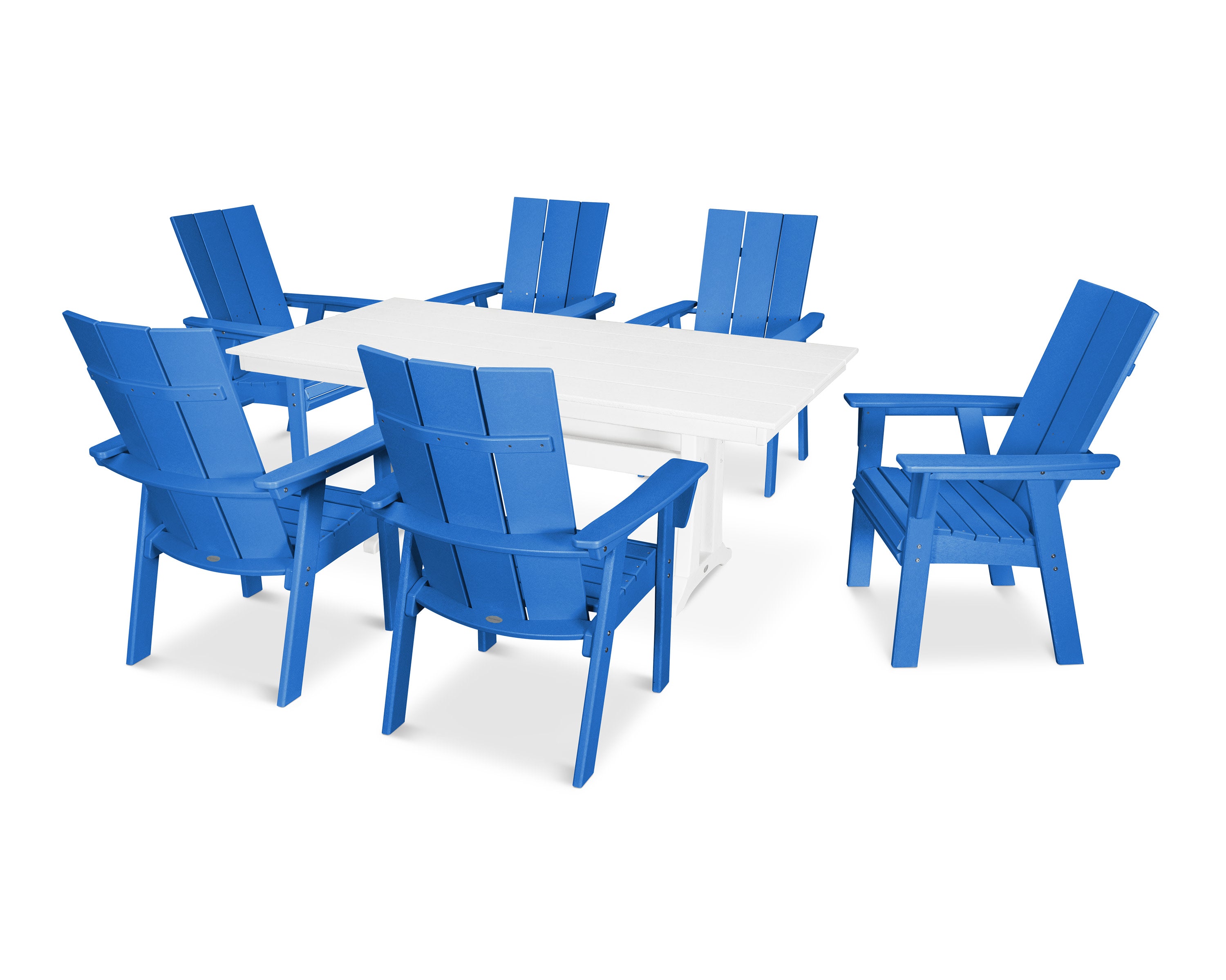 Modern Curveback Adirondack 7-Piece Farmhouse Dining Set with Trestle Legs in Pacific Blue / White