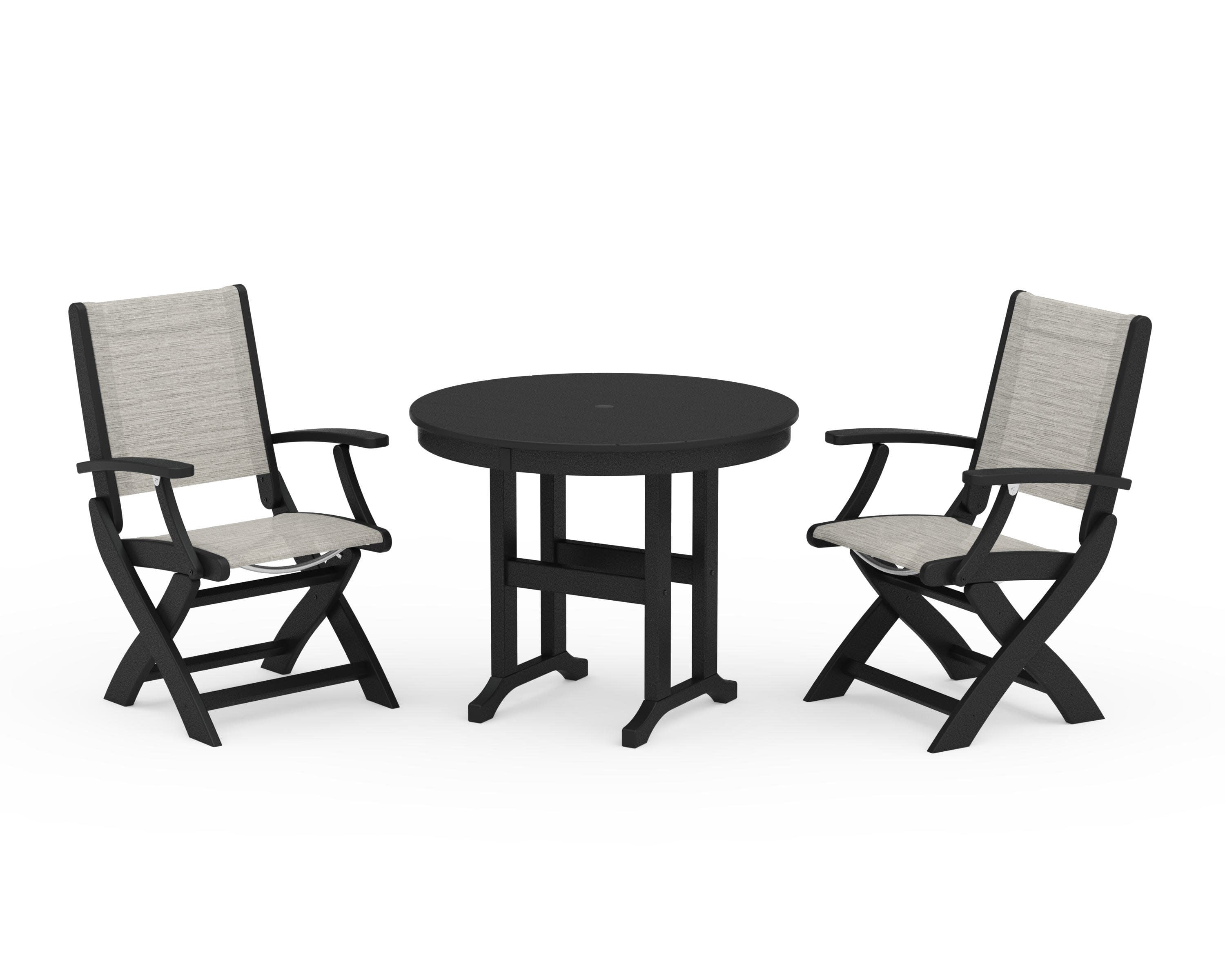 Coastal Folding Chair 3-Piece Round Dining Set in Black / Birch Sling