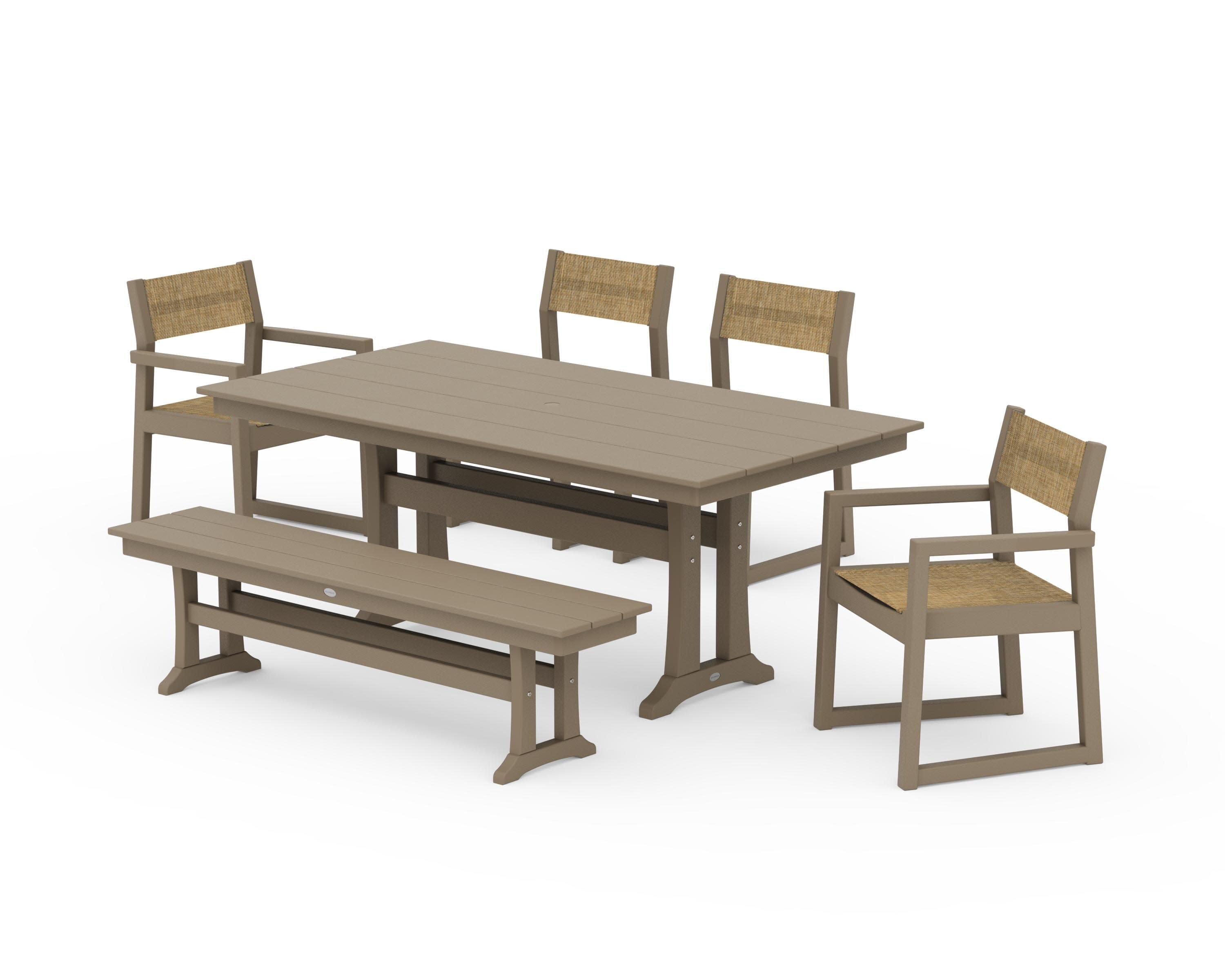 EDGE Sling 6-Piece Farmhouse Dining Set With Trestle Legs in Vintage Sahara / Burlap Sling