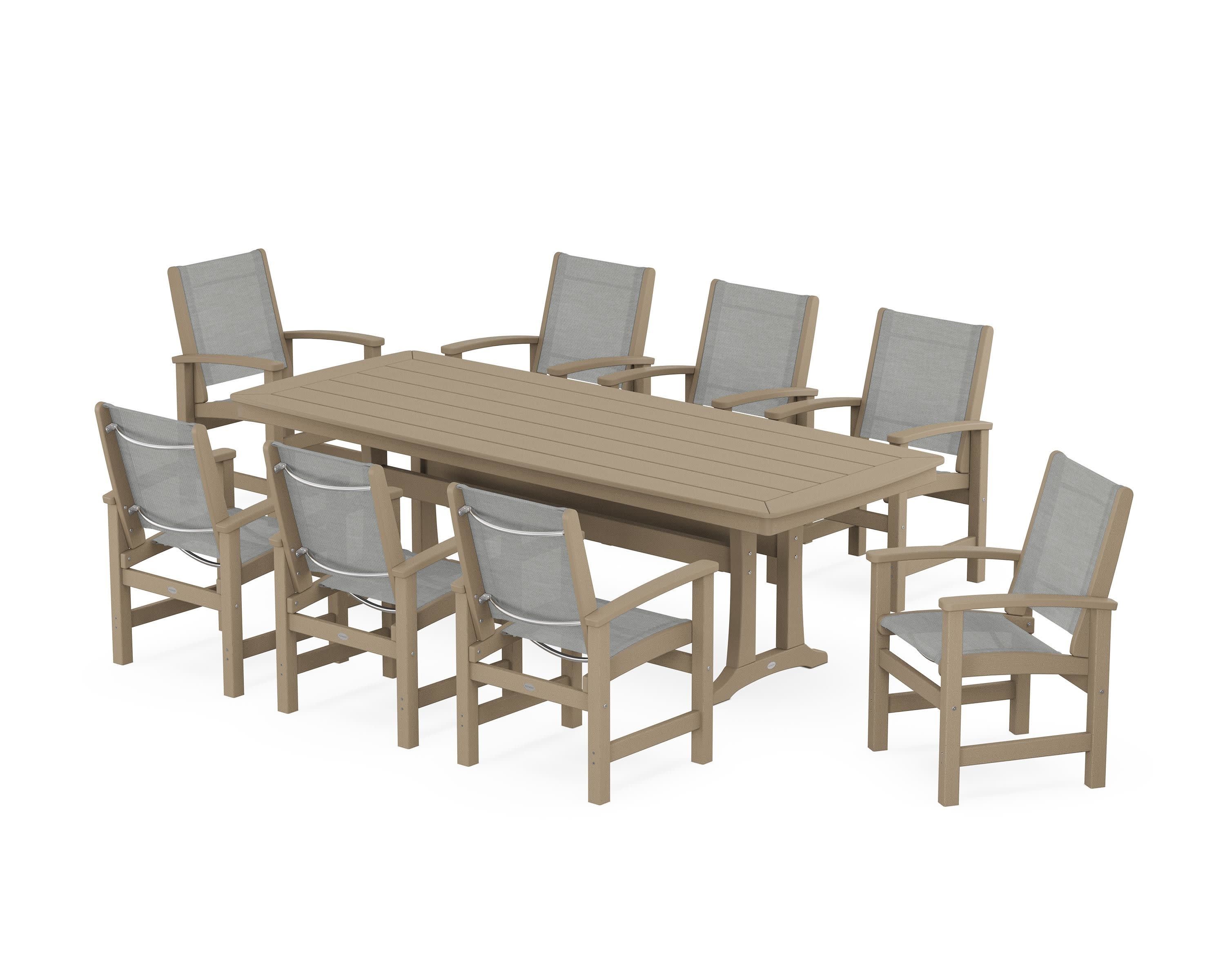 Coastal 9-Piece Dining Set with Trestle Legs in Vintage Sahara / Metallic Sling