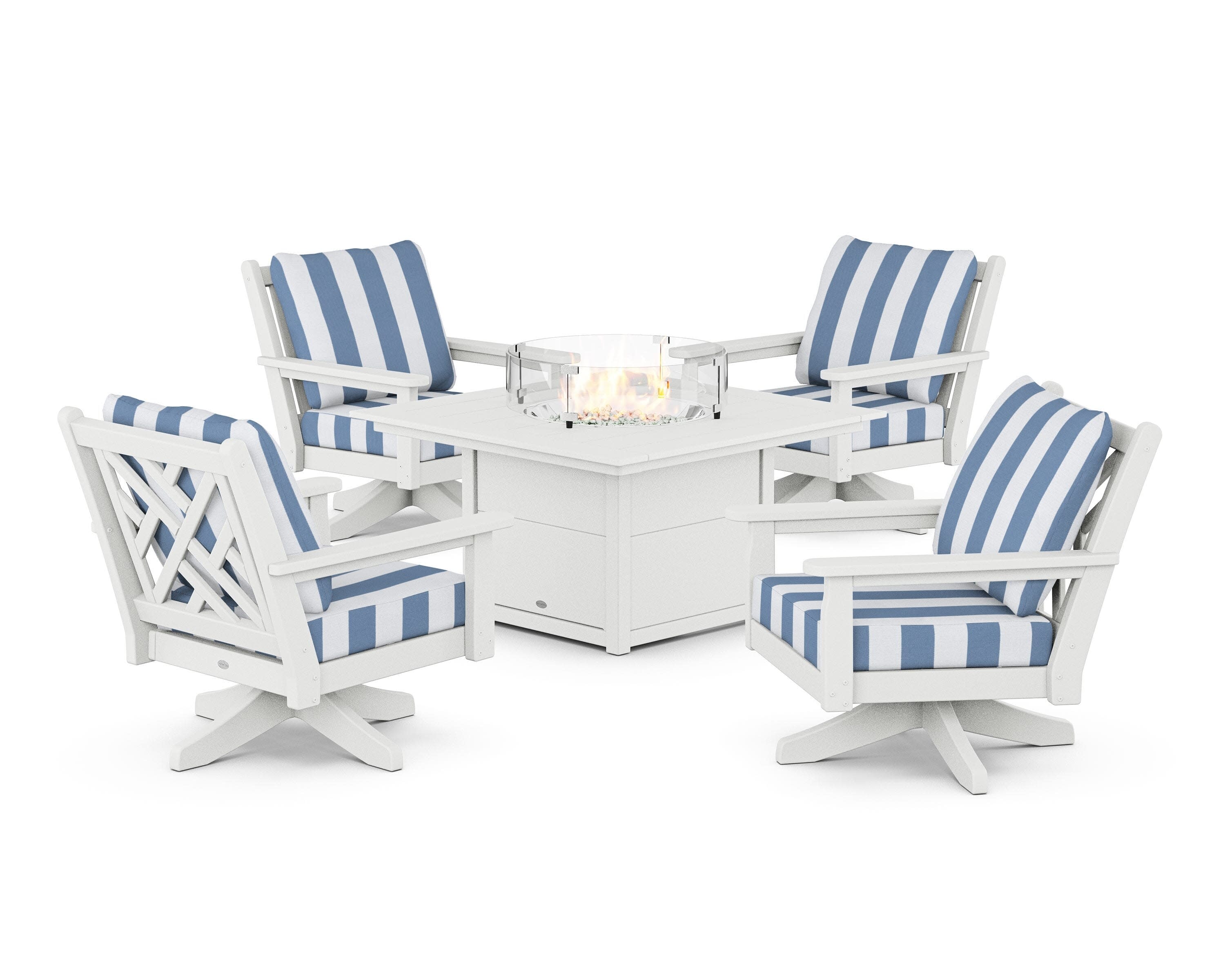 Chippendale 5-Piece Deep Seating Swivel Conversation Set with Fire Pit Table in White / Cabana Stripe Sky Blue