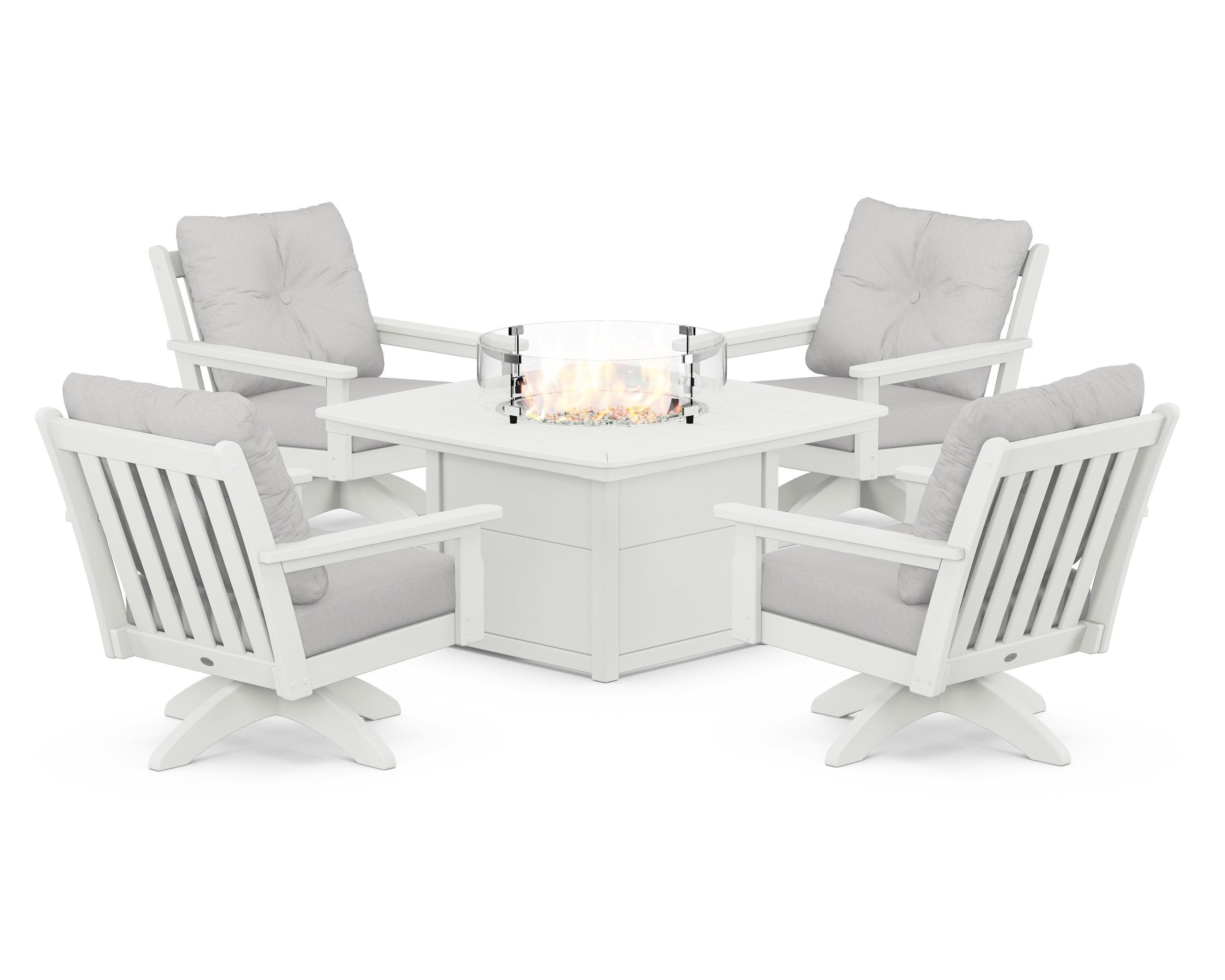 Vineyard 5-Piece Deep Seating Swivel Conversation Set with Fire Pit Table in Vintage White / Diamond in the Rough