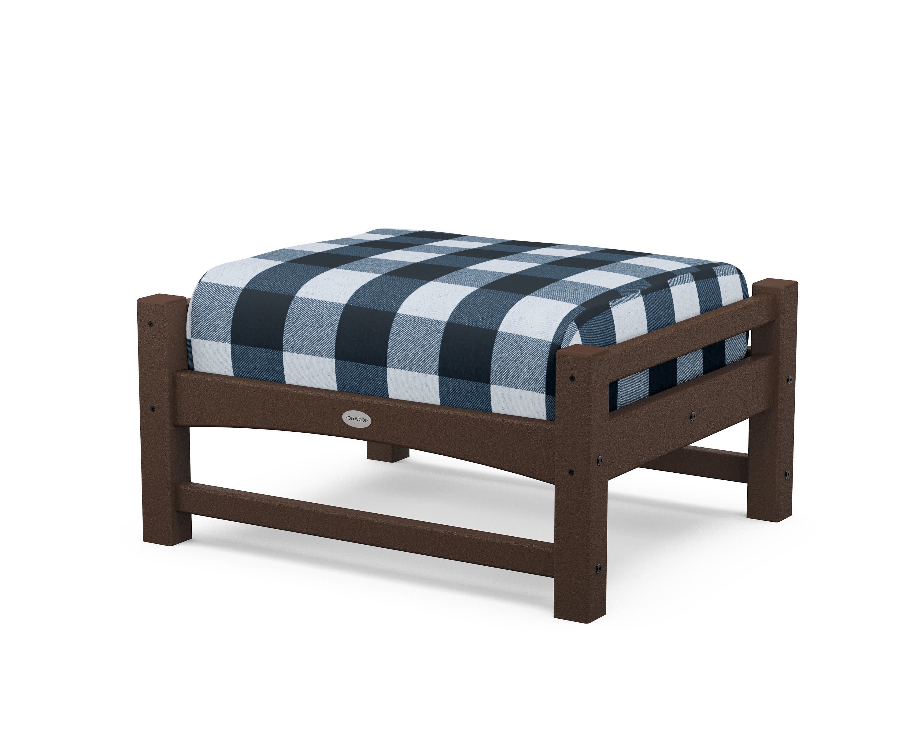 Club Ottoman in Mahogany / Buffalo Plaid Marine Indigo