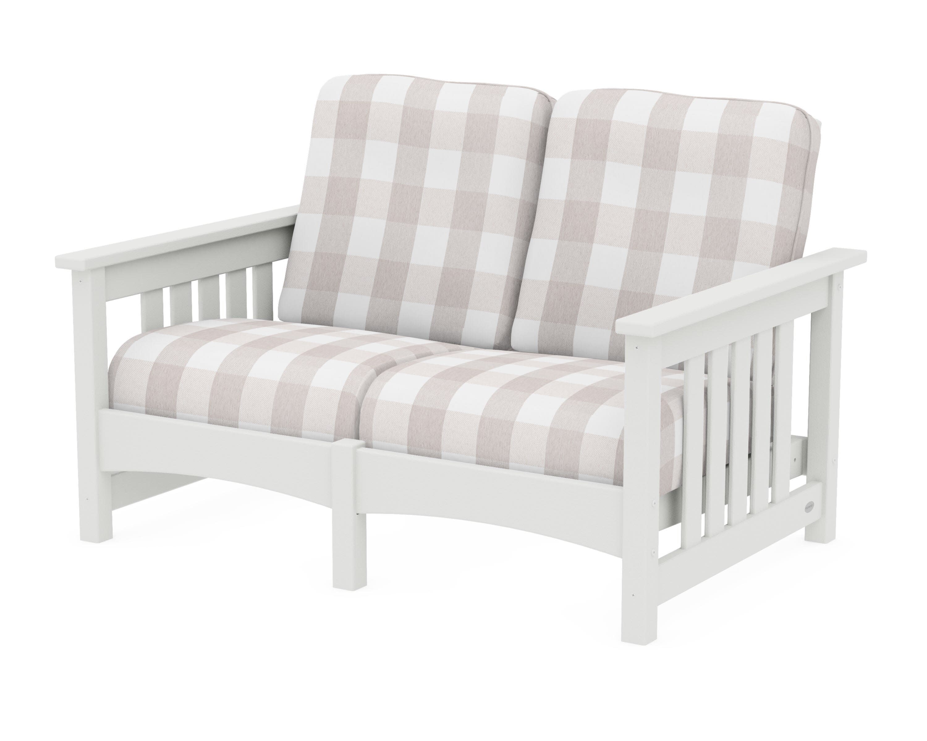Club Mission Loveseat in Vintage White / Buffalo Plaid Dune Burlap