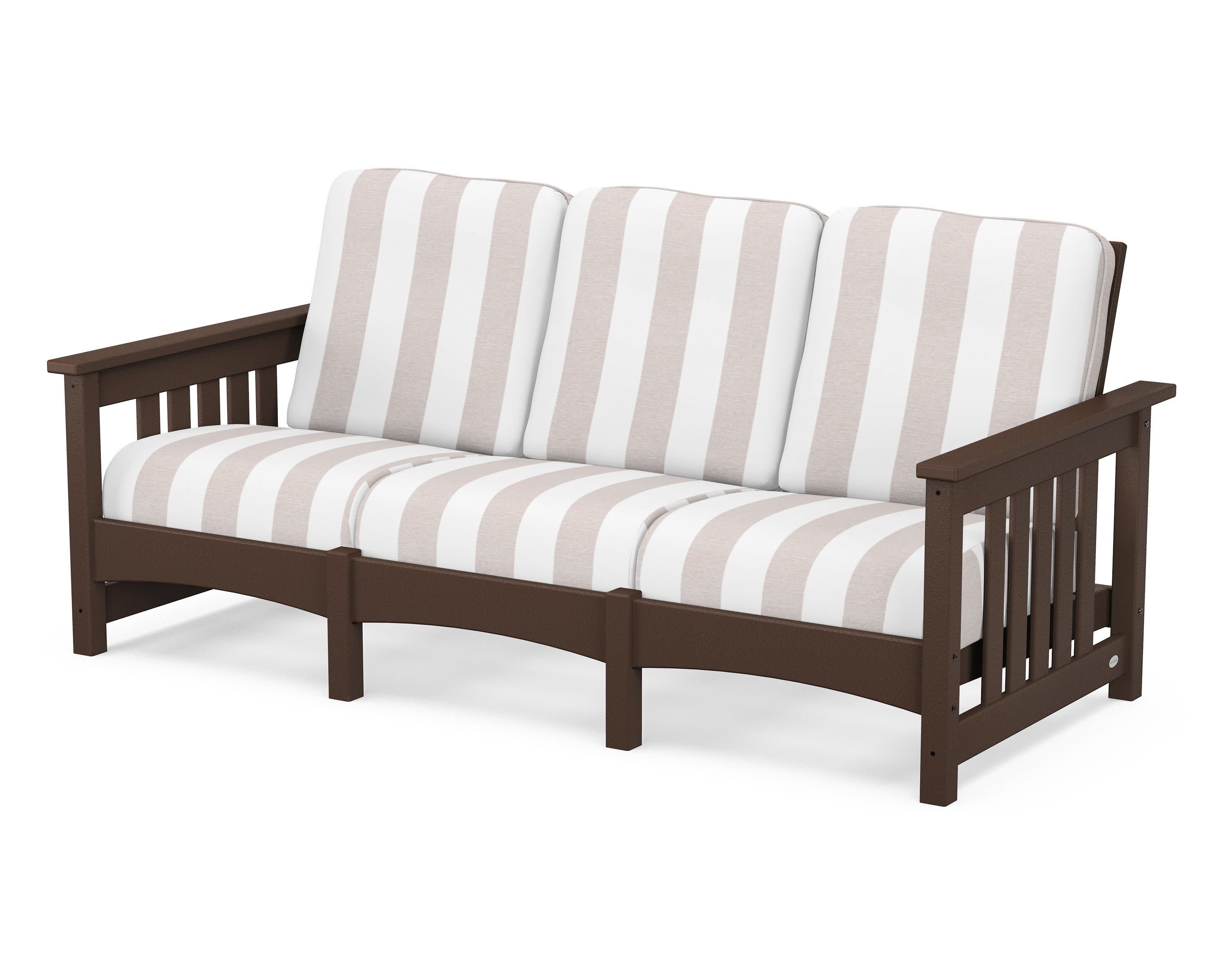 Club Mission Sofa in Mahogany / Cabana Stripe Dune Burlap