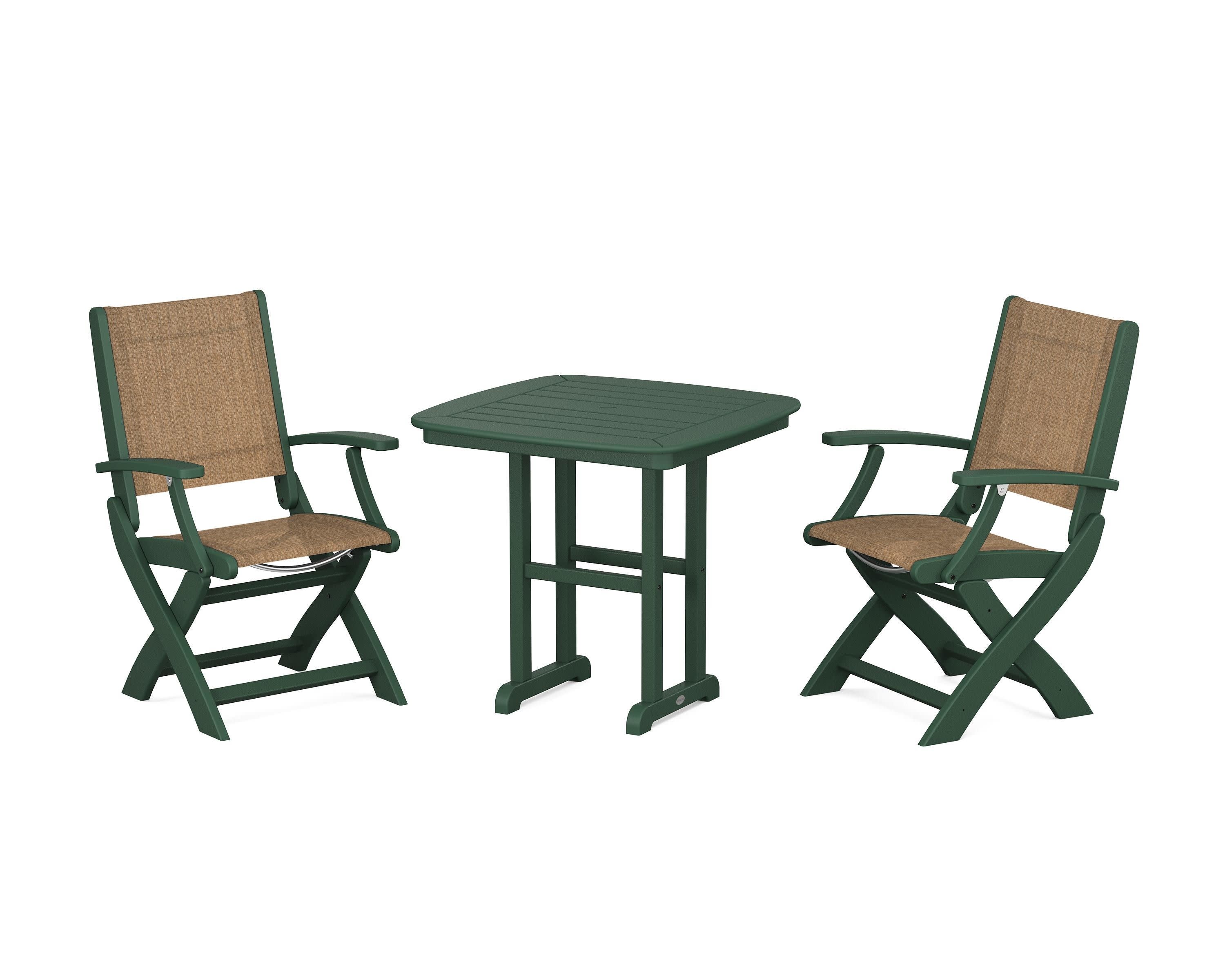 Coastal Folding Chair 3-Piece Dining Set in Green / Burlap Sling