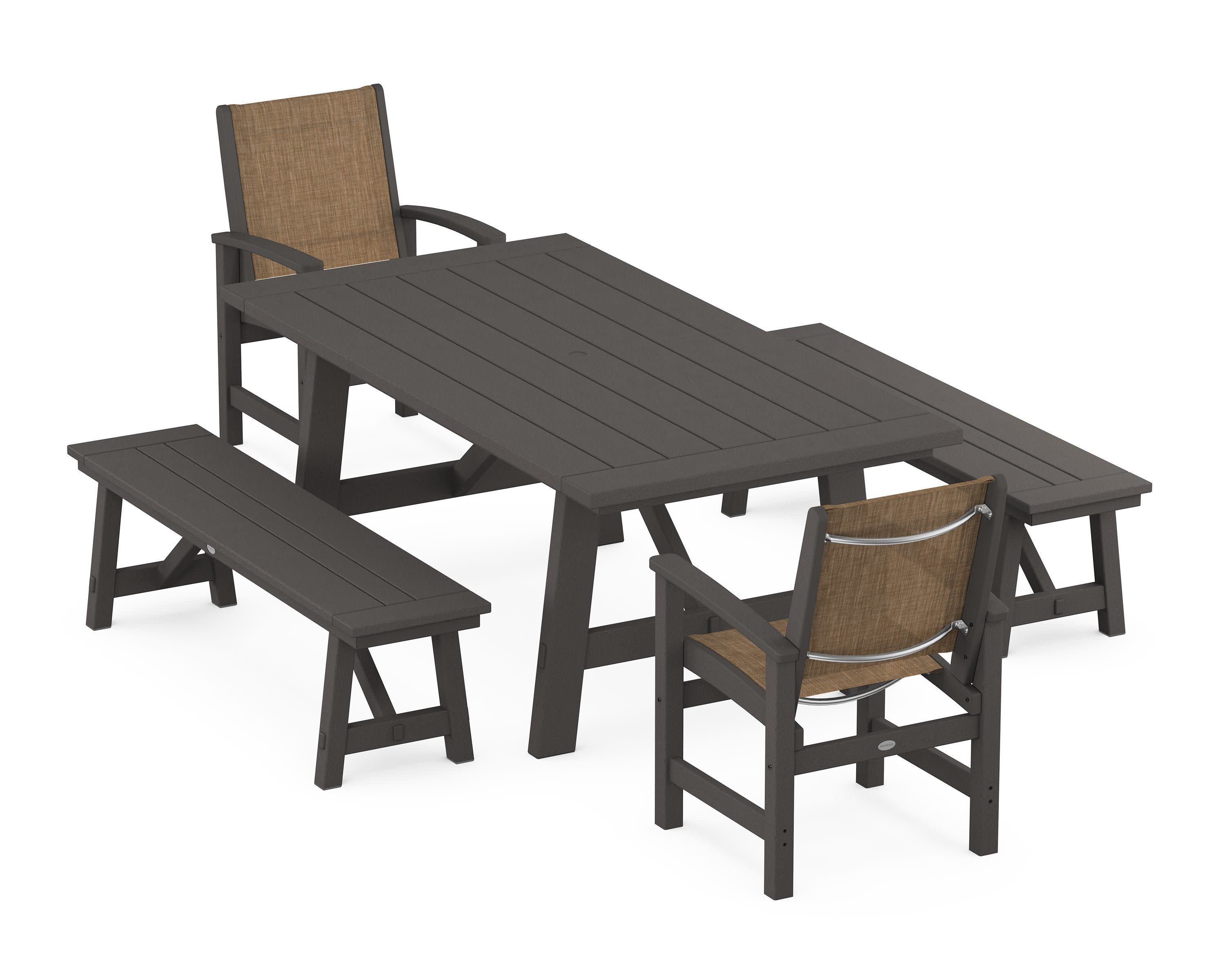 Coastal 5-Piece Rustic Farmhouse Dining Set With Benches in Vintage Coffee / Burlap Sling