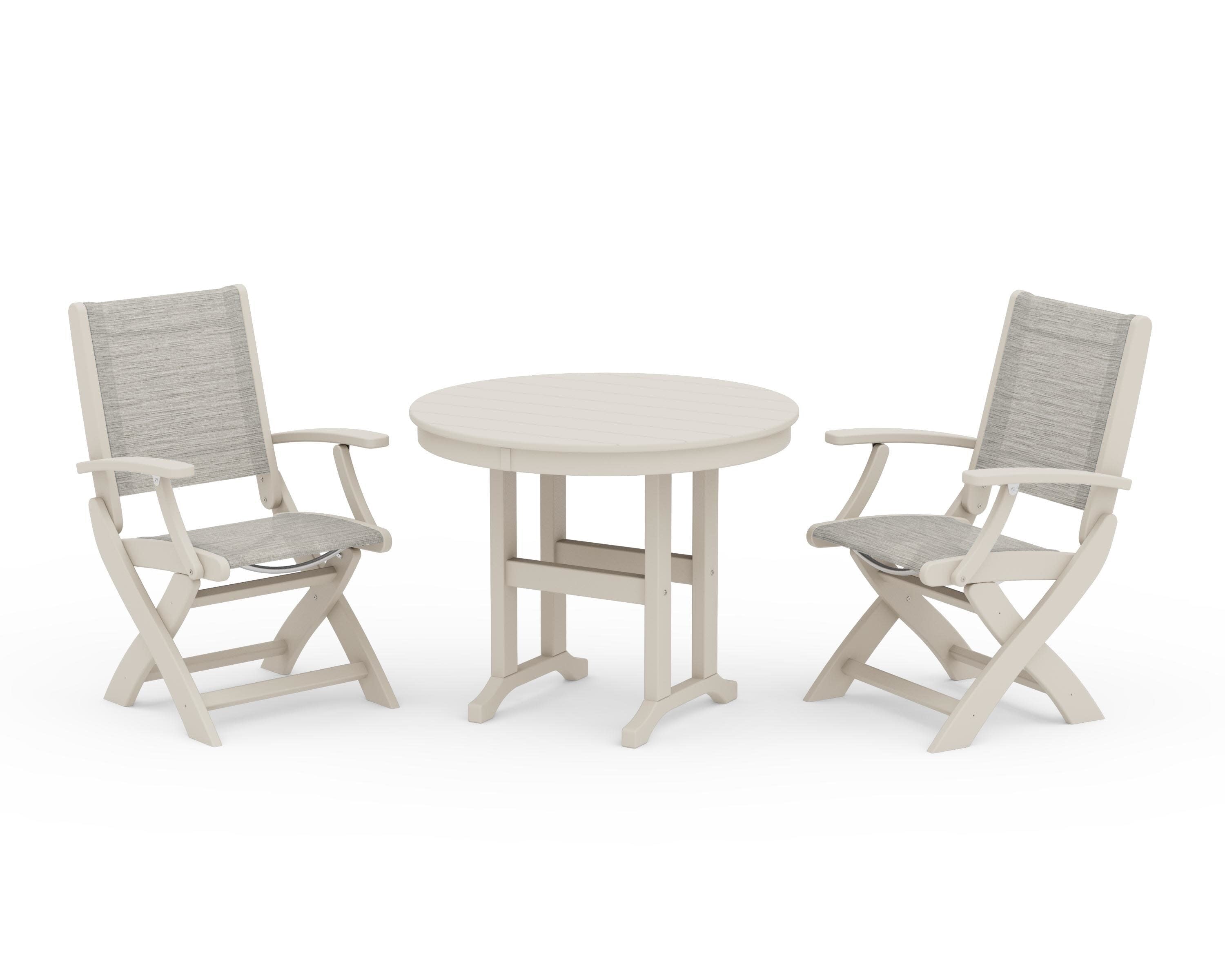 Coastal Folding Chair 3-Piece Round Dining Set in Sand / Birch Sling