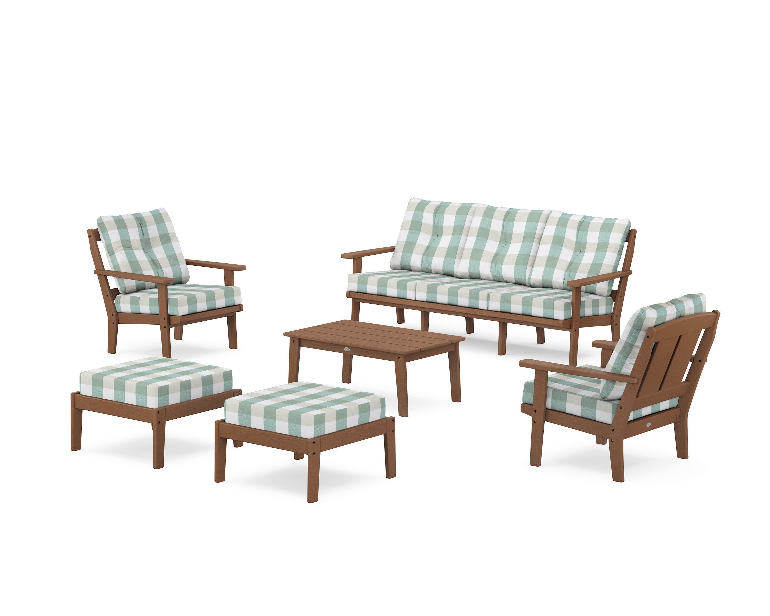 Mission 6-Piece Lounge Sofa Set in Teak / Buffalo Plaid Glacier Spa