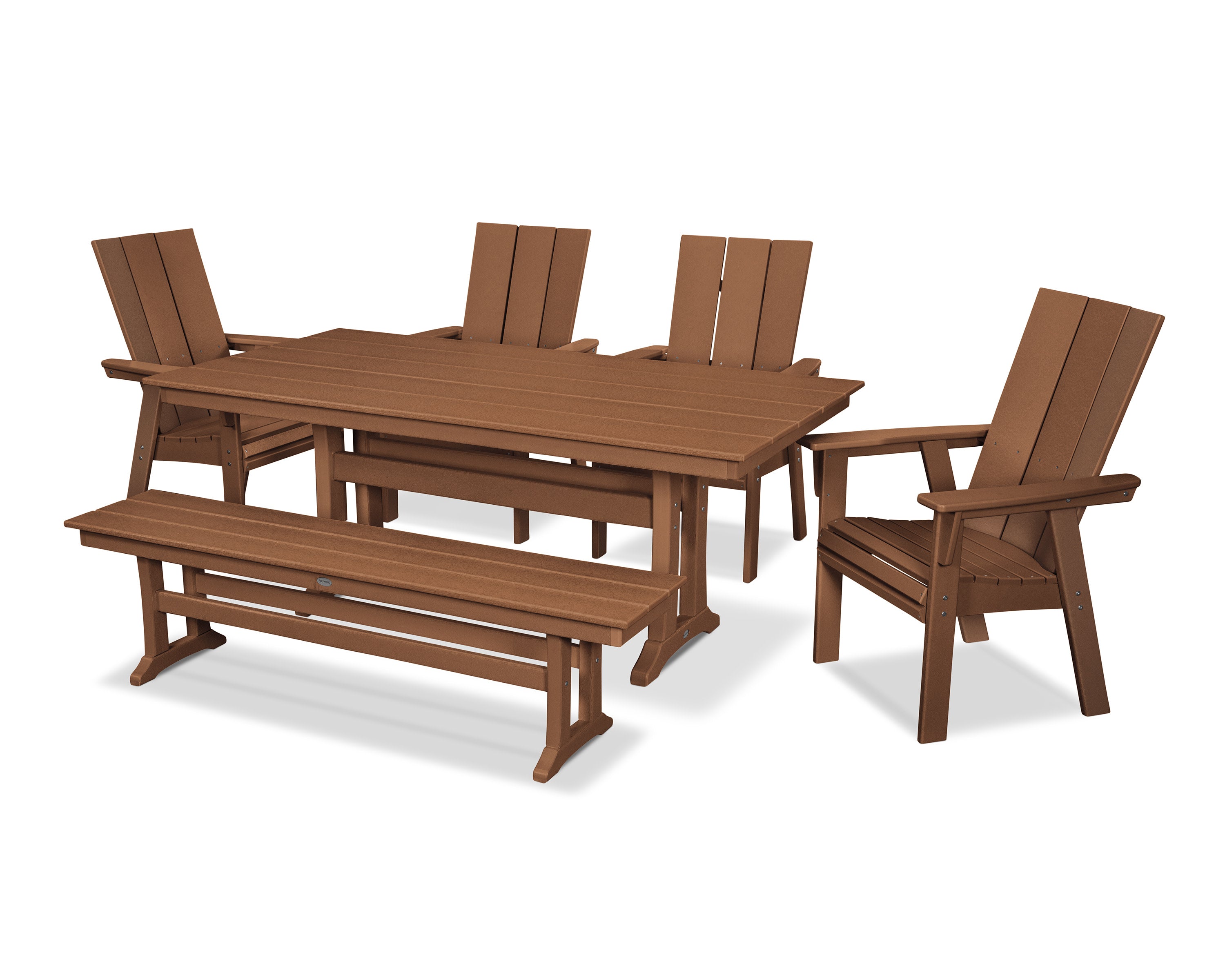 Modern Curveback Adirondack 6-Piece Farmhouse Dining Set with Trestle Legs and Bench in Teak