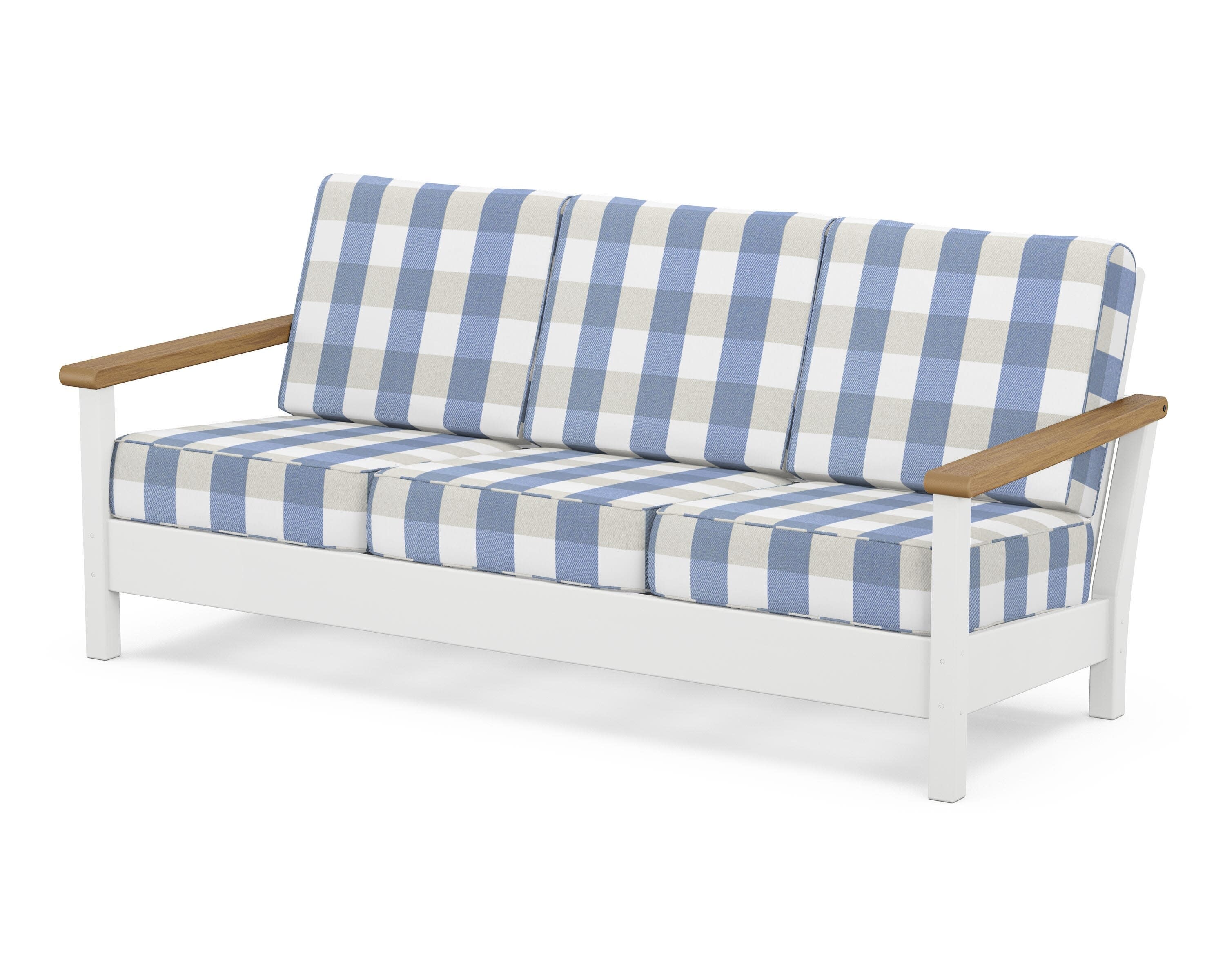 Harbour Deep Seating Sofa in White / Natural / Buffalo Plaid Sky Blue