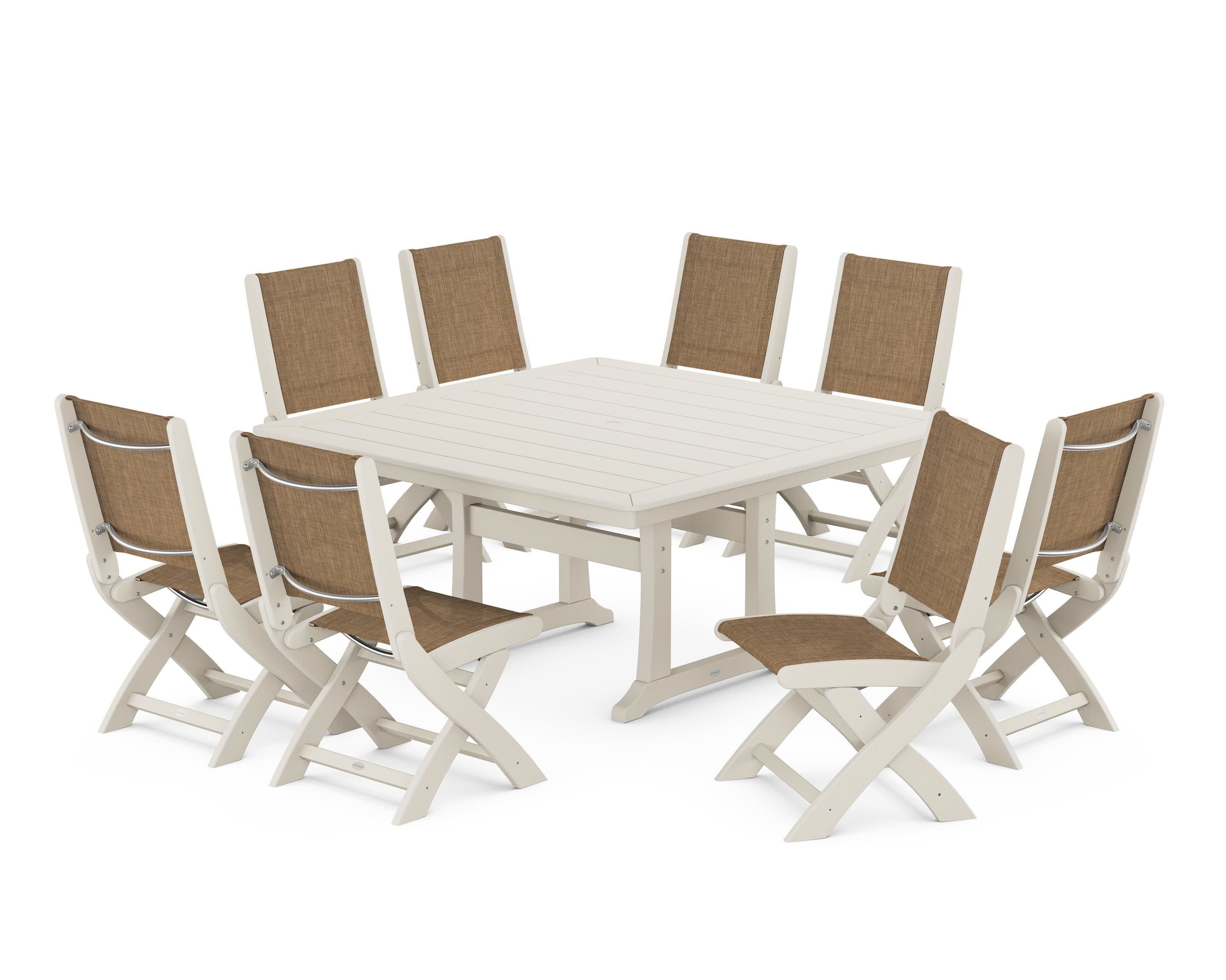 Coastal Folding Side Chair 9-Piece Dining Set with Trestle Legs in Sand / Burlap Sling