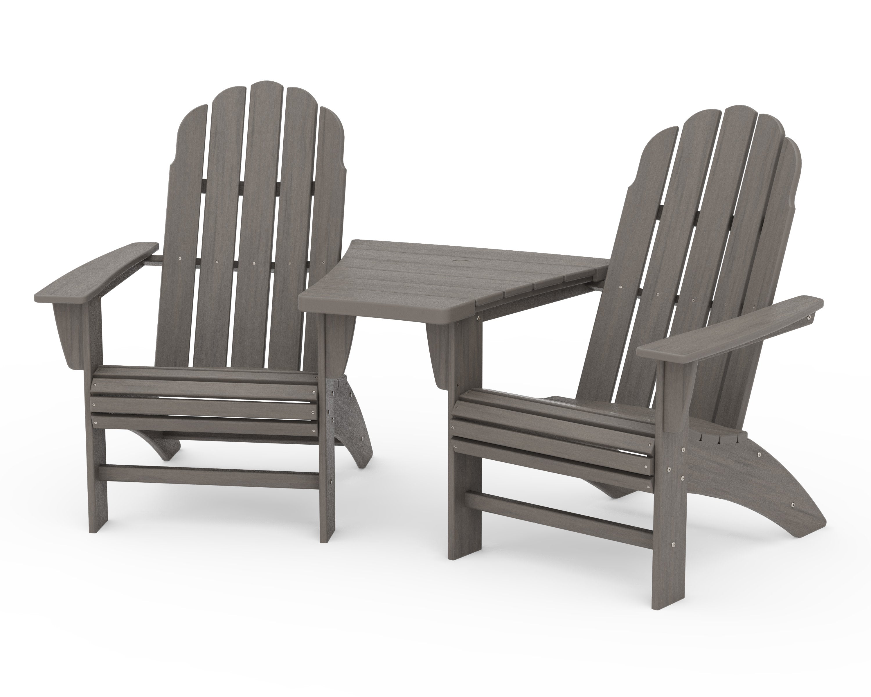 Vineyard 3-Piece Curveback Adirondack Set with Angled Connecting Table in Driftwood