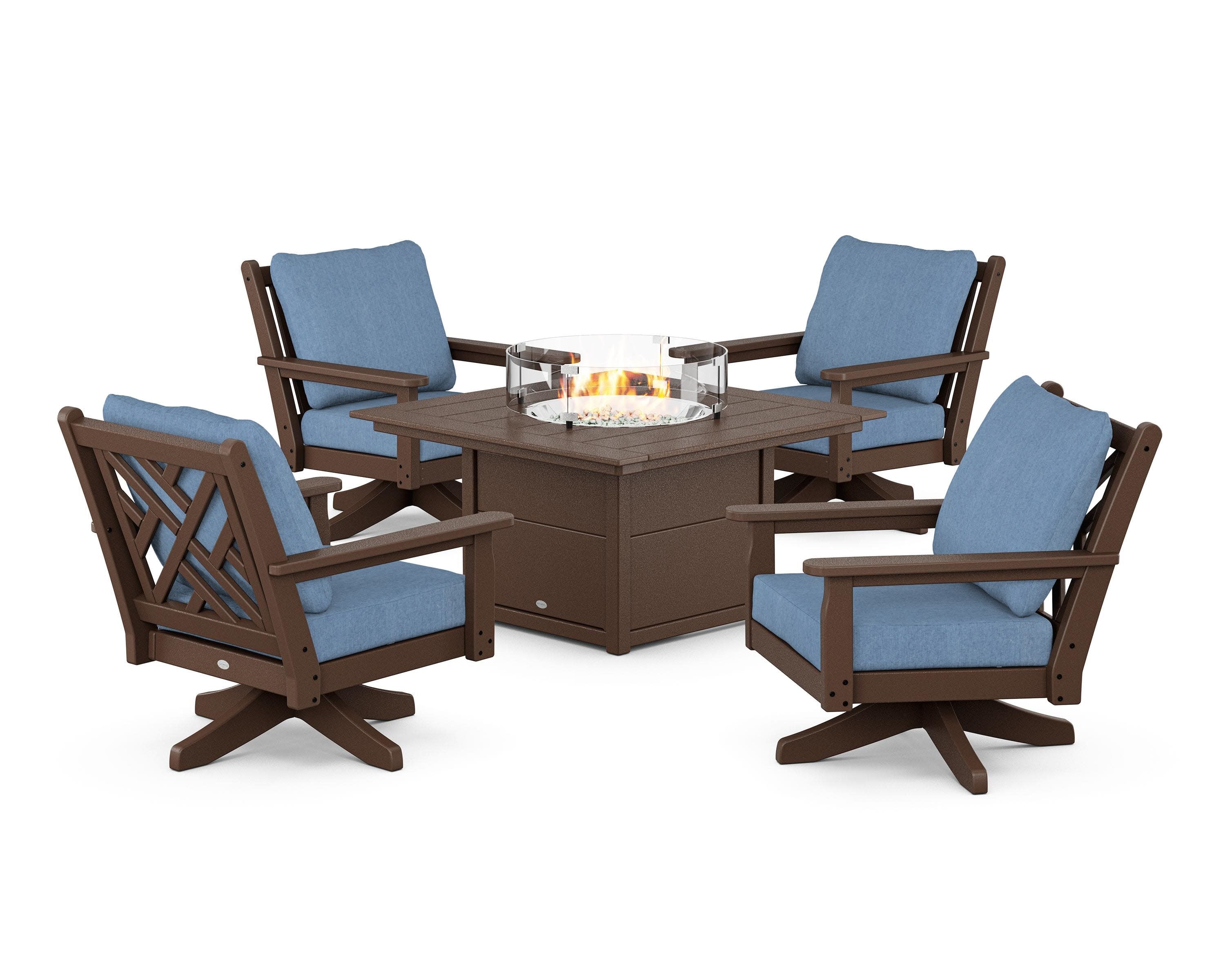 Chippendale 5-Piece Deep Seating Swivel Conversation Set with Fire Pit Table in Mahogany / Sky Blue