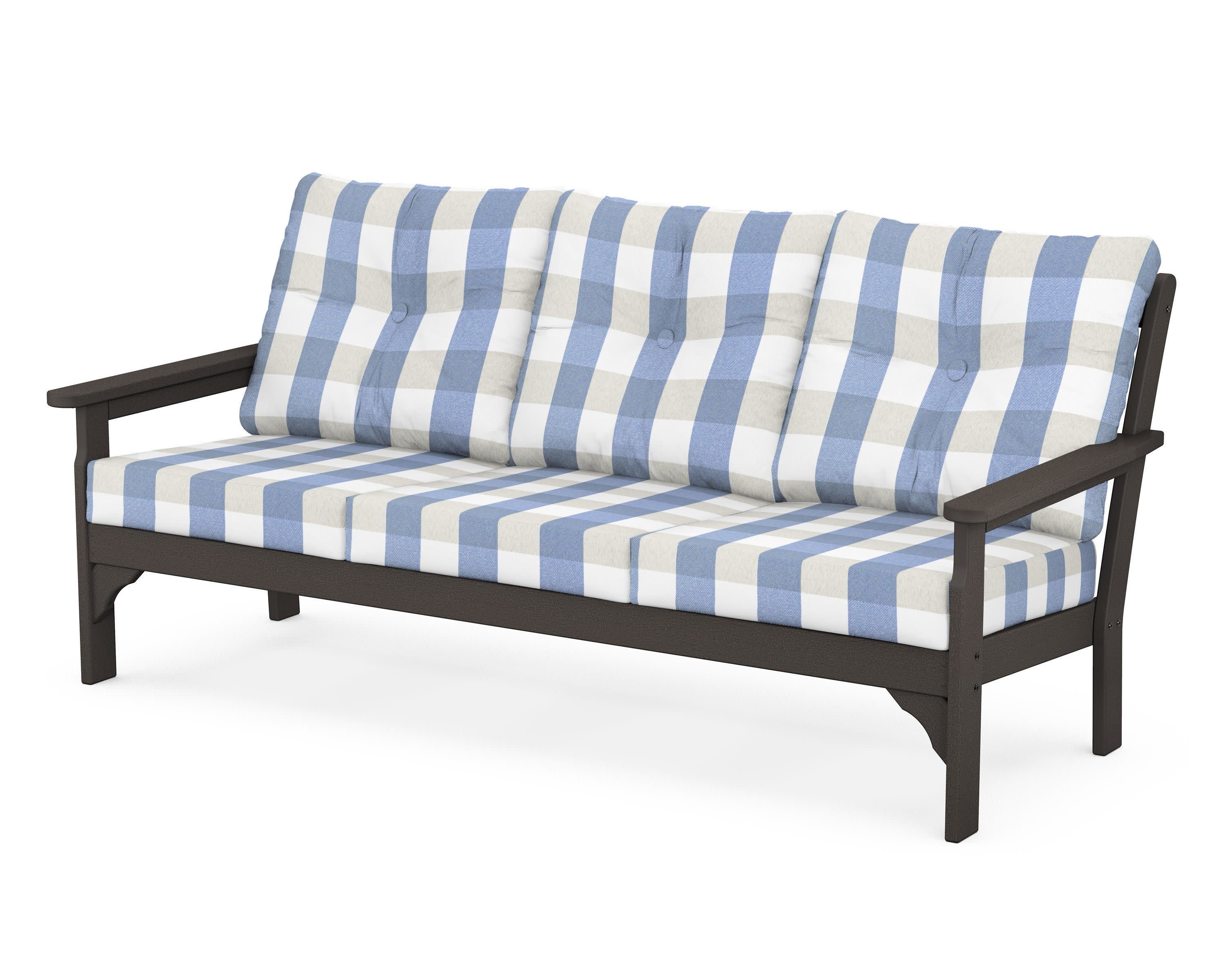 Vineyard Deep Seating Sofa in Vintage Coffee / Buffalo Plaid Sky Blue