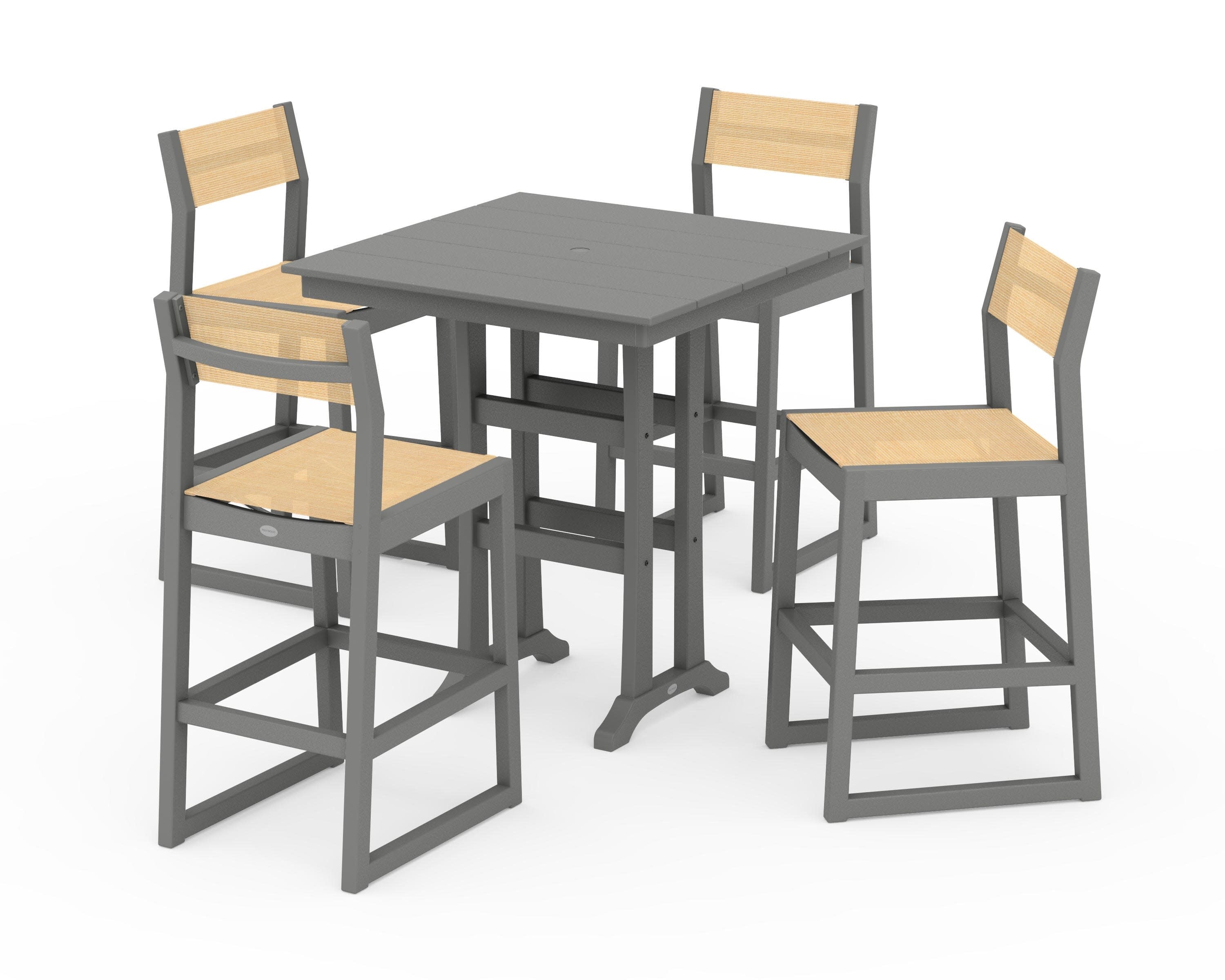 EDGE Sling Arm Chair 5-Piece Farmhouse Bar Set with Trestle Legs in Slate Grey / Dupioni Apricot Sling