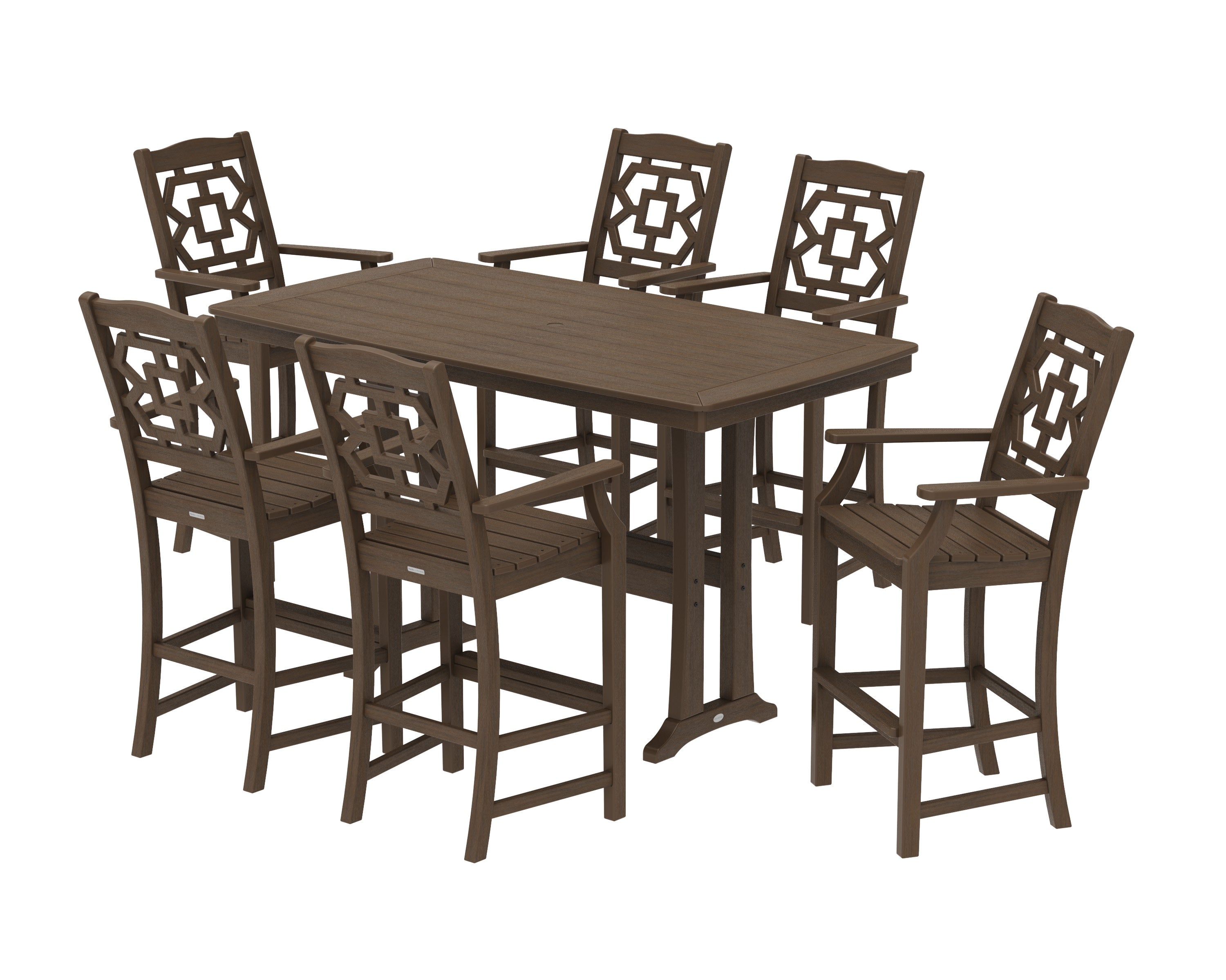Chinoiserie Arm Chair 7-Piece Bar Set with Trestle Legs in Kona