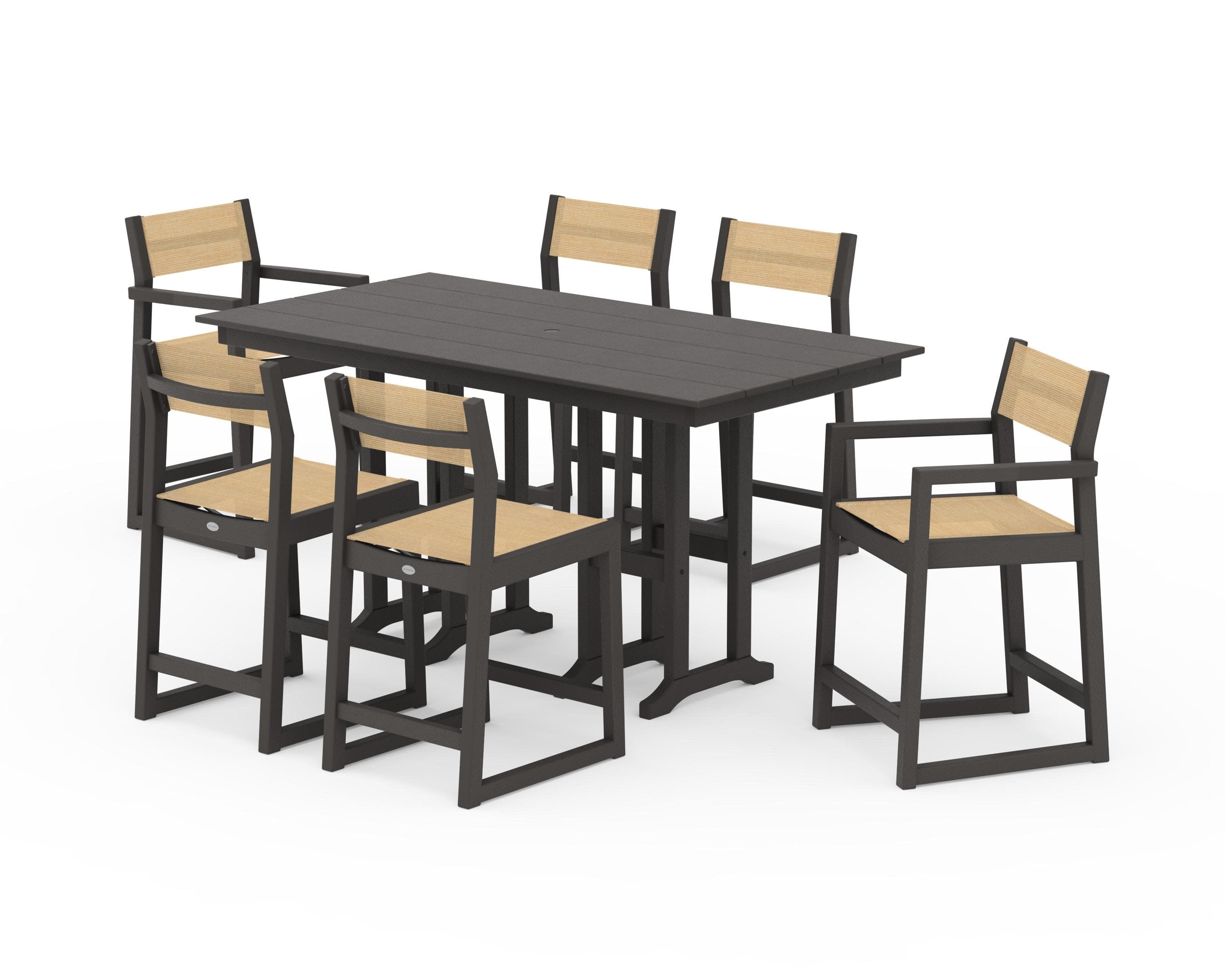 EDGE Sling 7-Piece Farmhouse Counter Set with Trestle Legs in Vintage Coffee / Dupioni Apricot Sling