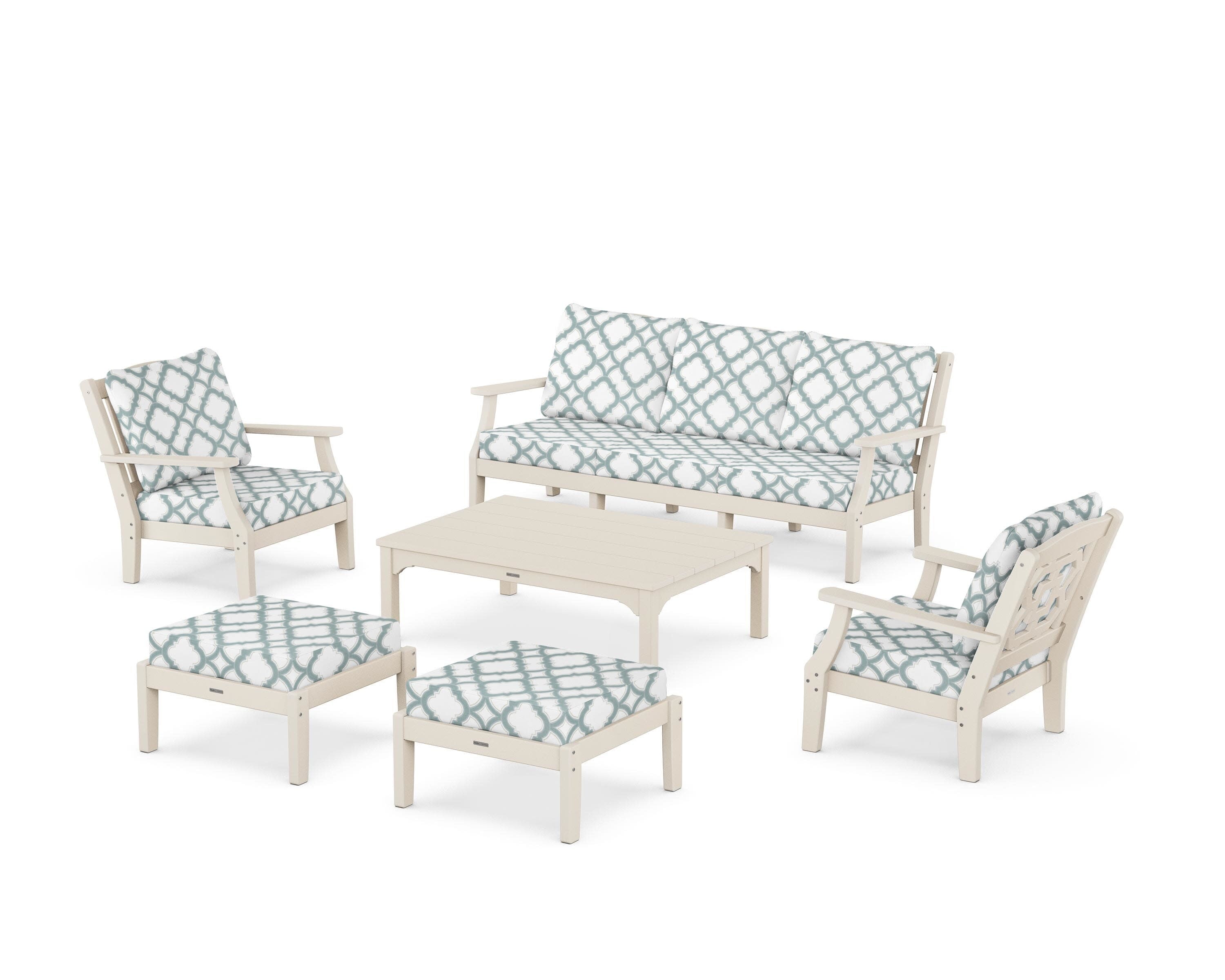 Chinoiserie 6-Piece Lounge Sofa Set in Sand / Trellis Glacier Spa