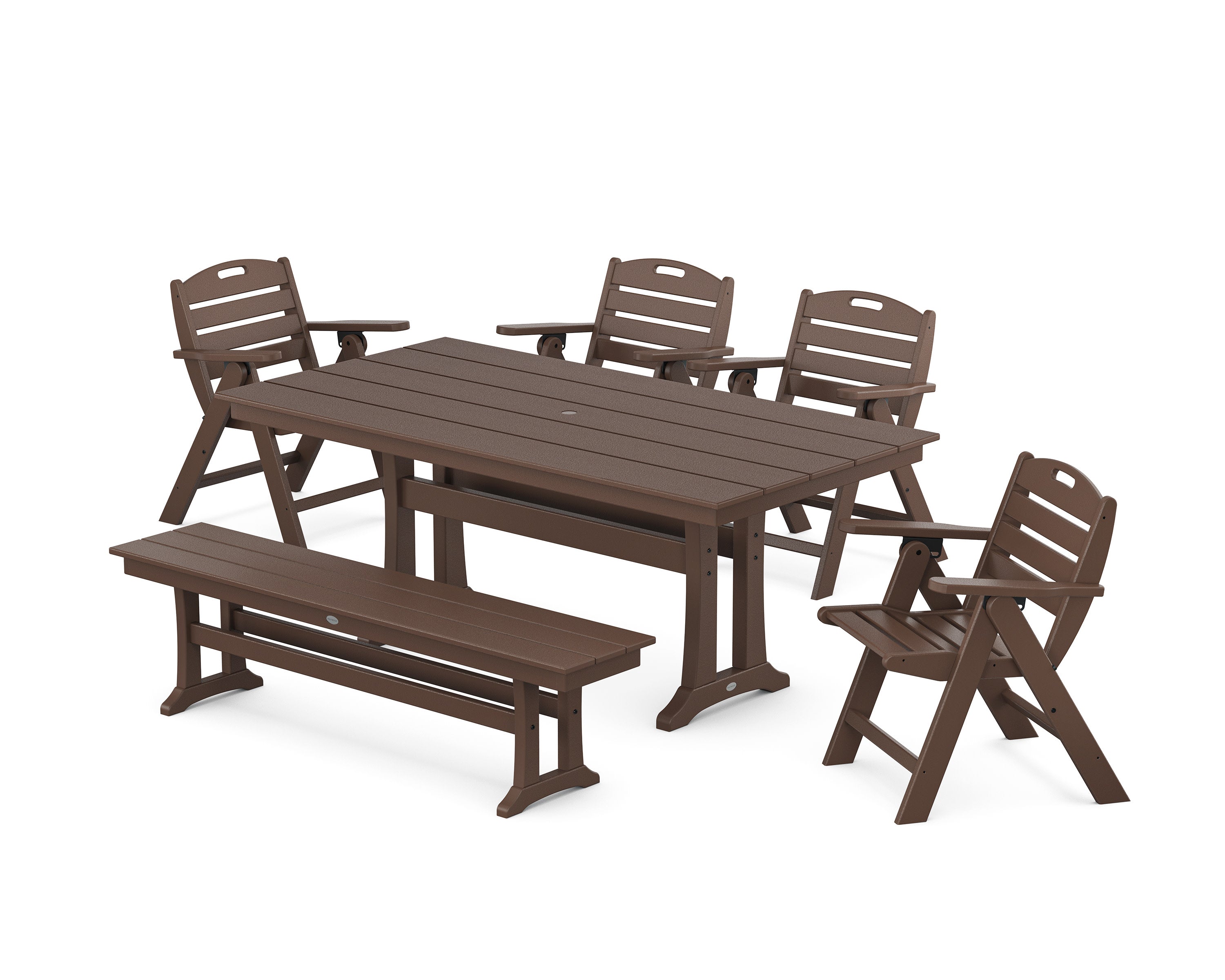 Nautical Lowback 6-Piece Farmhouse Dining Set with Trestle Legs and Bench in Mahogany