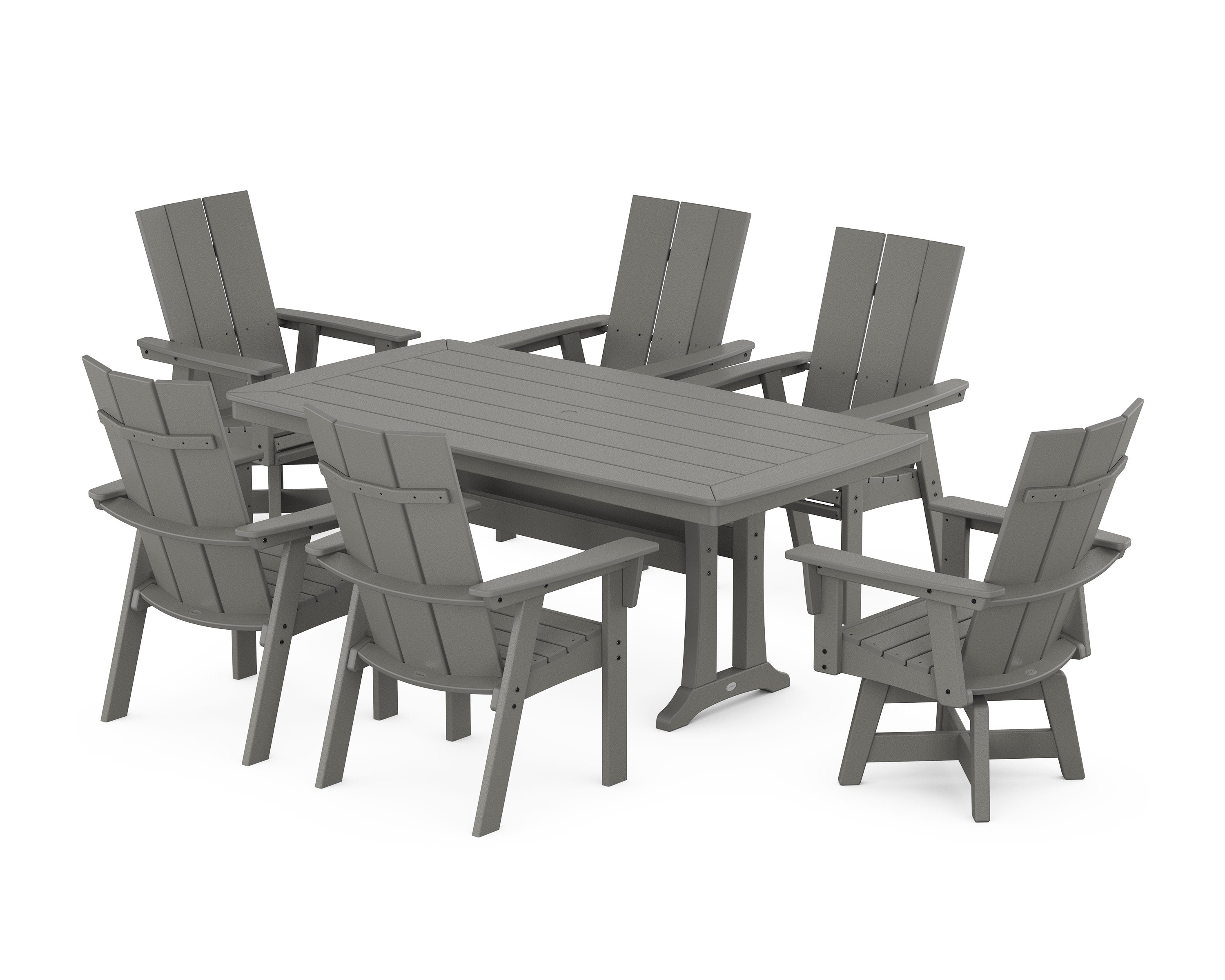 Modern Adirondack Swivel Chair 7-Piece Dining Set with Trestle Legs in Slate Grey