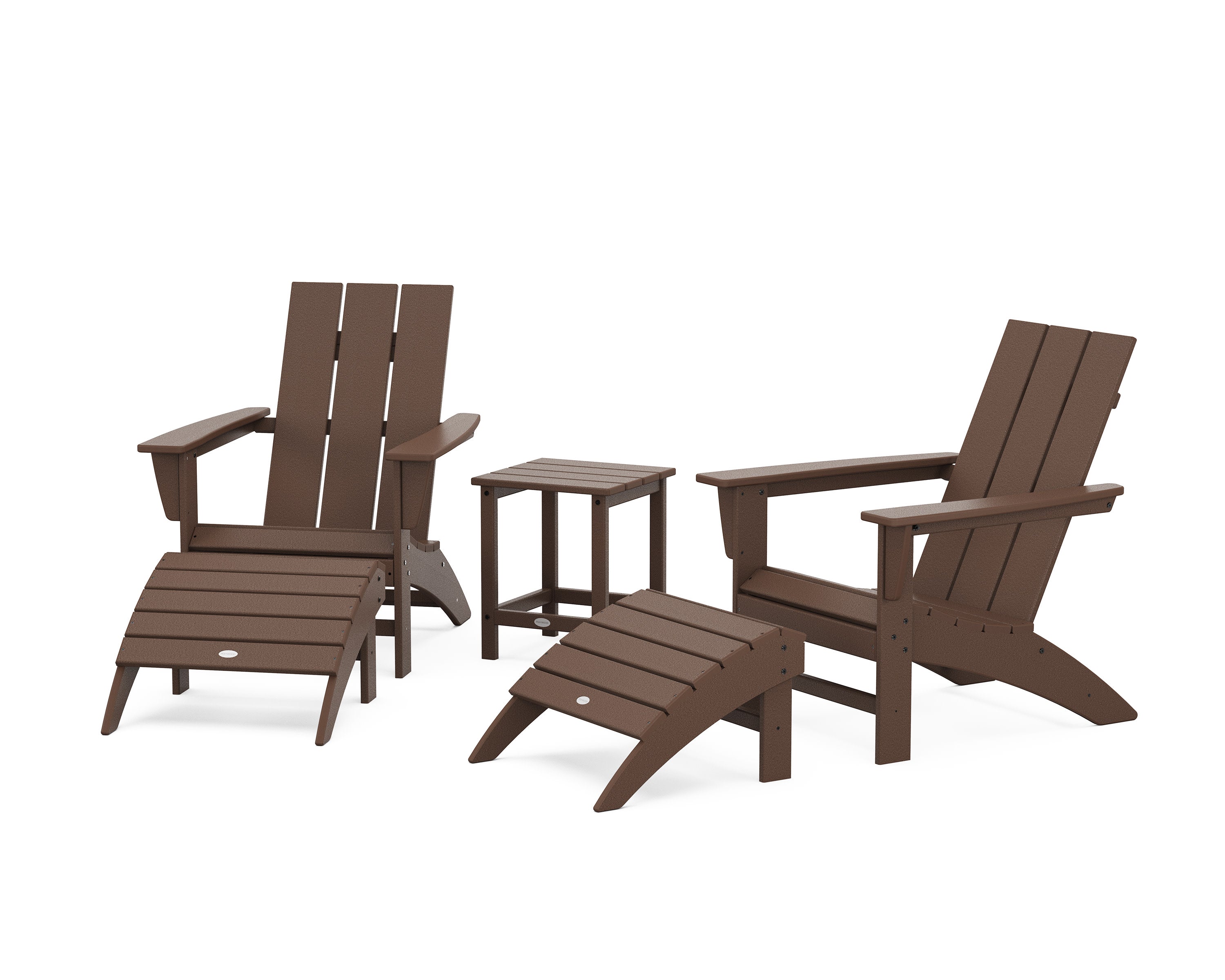 Modern Adirondack Chair 5-Piece Set with Ottomans and 18" Side Table in Mahogany