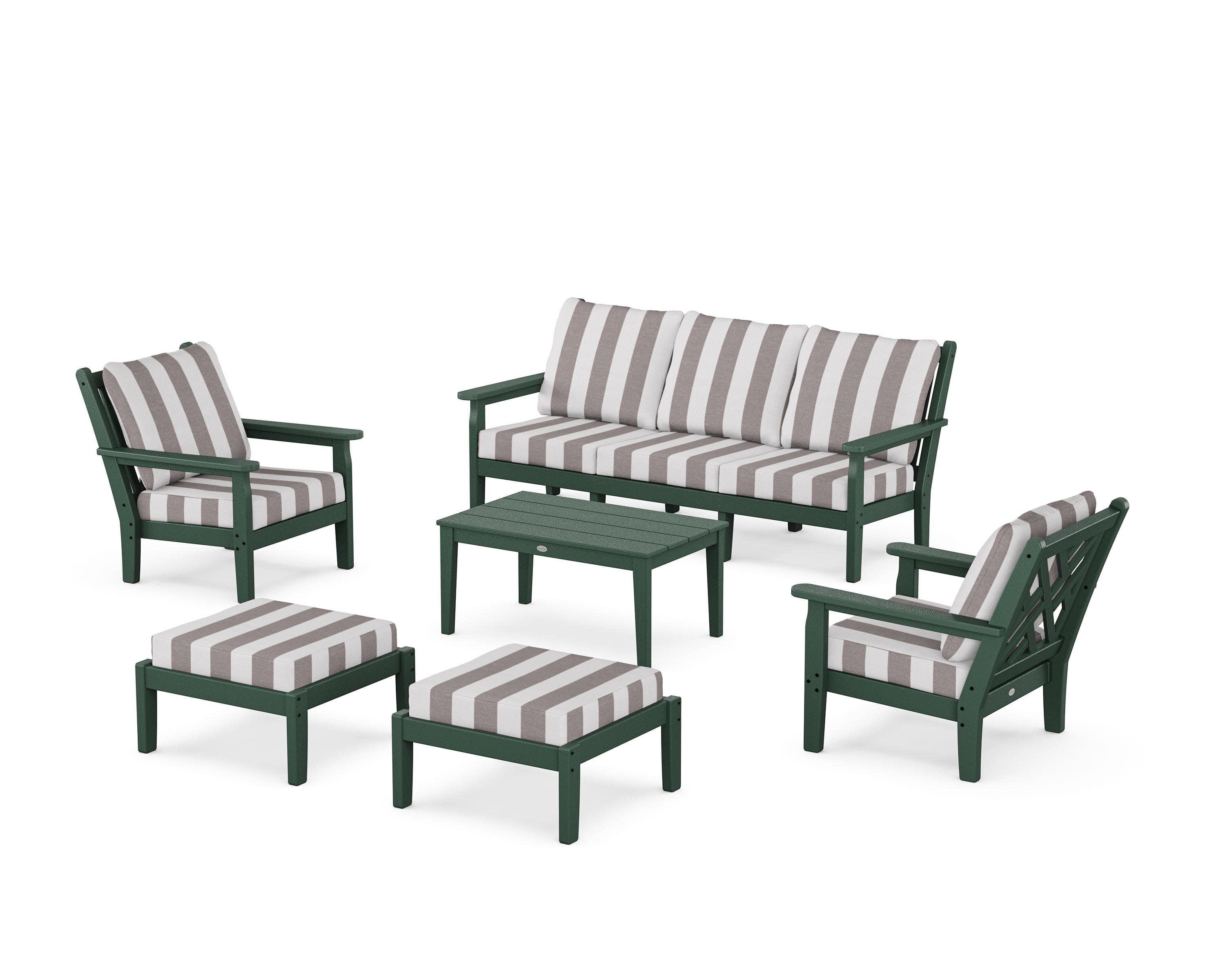 Chippendale 6-Piece Lounge Sofa Set in Green / Cabana Stripe Grey Mist