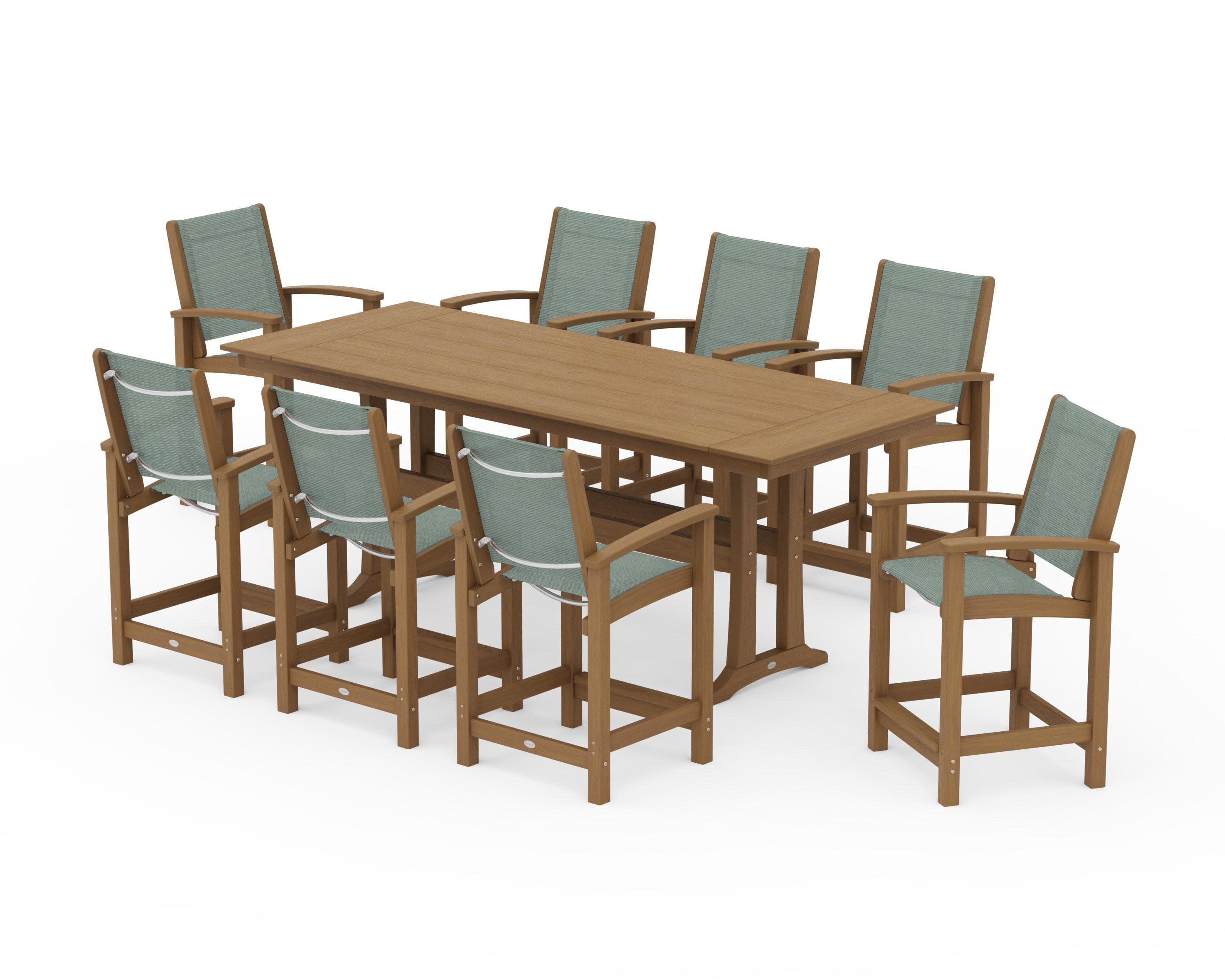Coastal 9-Piece Farmhouse Counter Set with Trestle Legs in Natural / Dupioni Sea Mist Sling