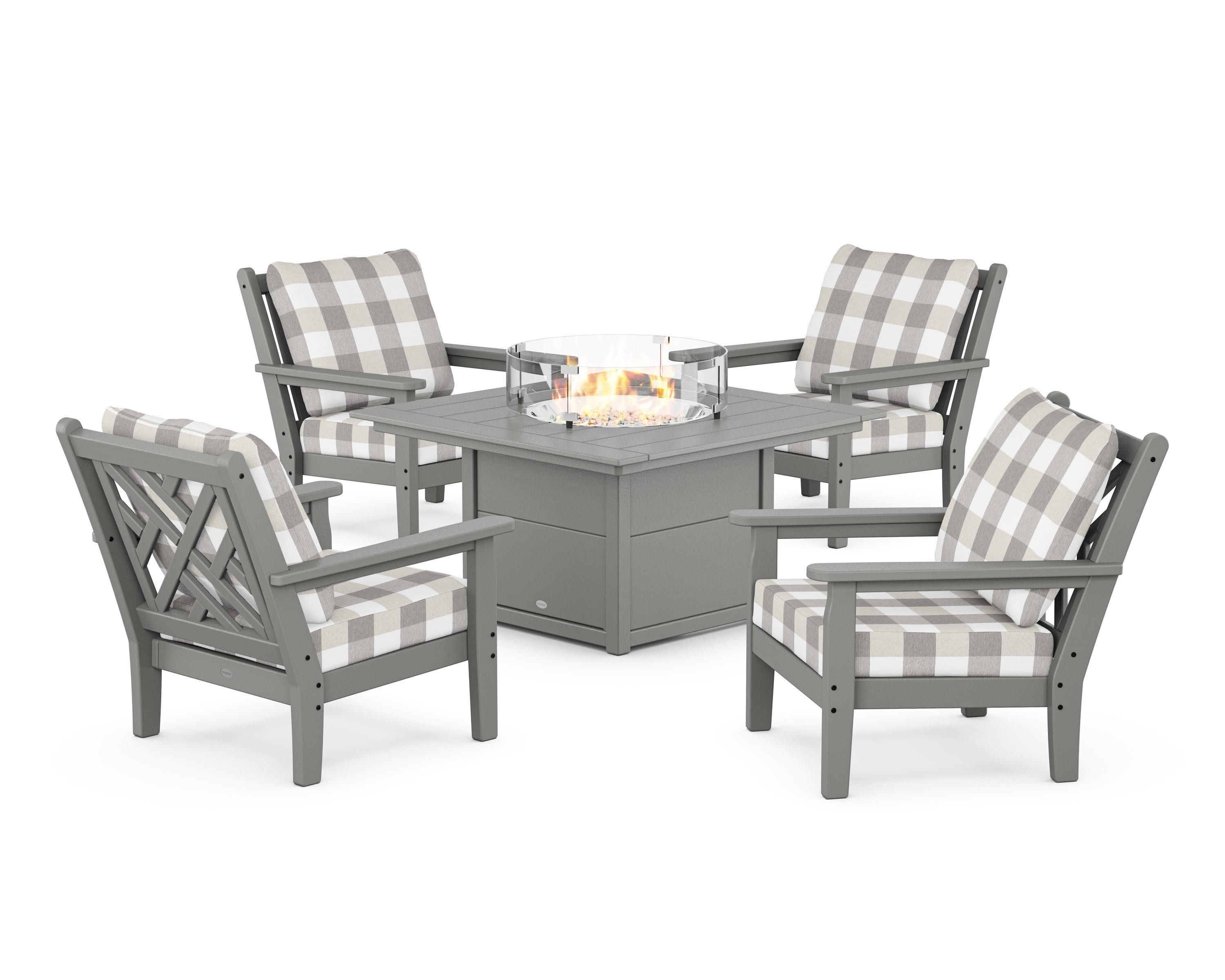 Chippendale 5-Piece Deep Seating Set with Fire Pit Table in Slate Grey / Buffalo Plaid Grey Mist