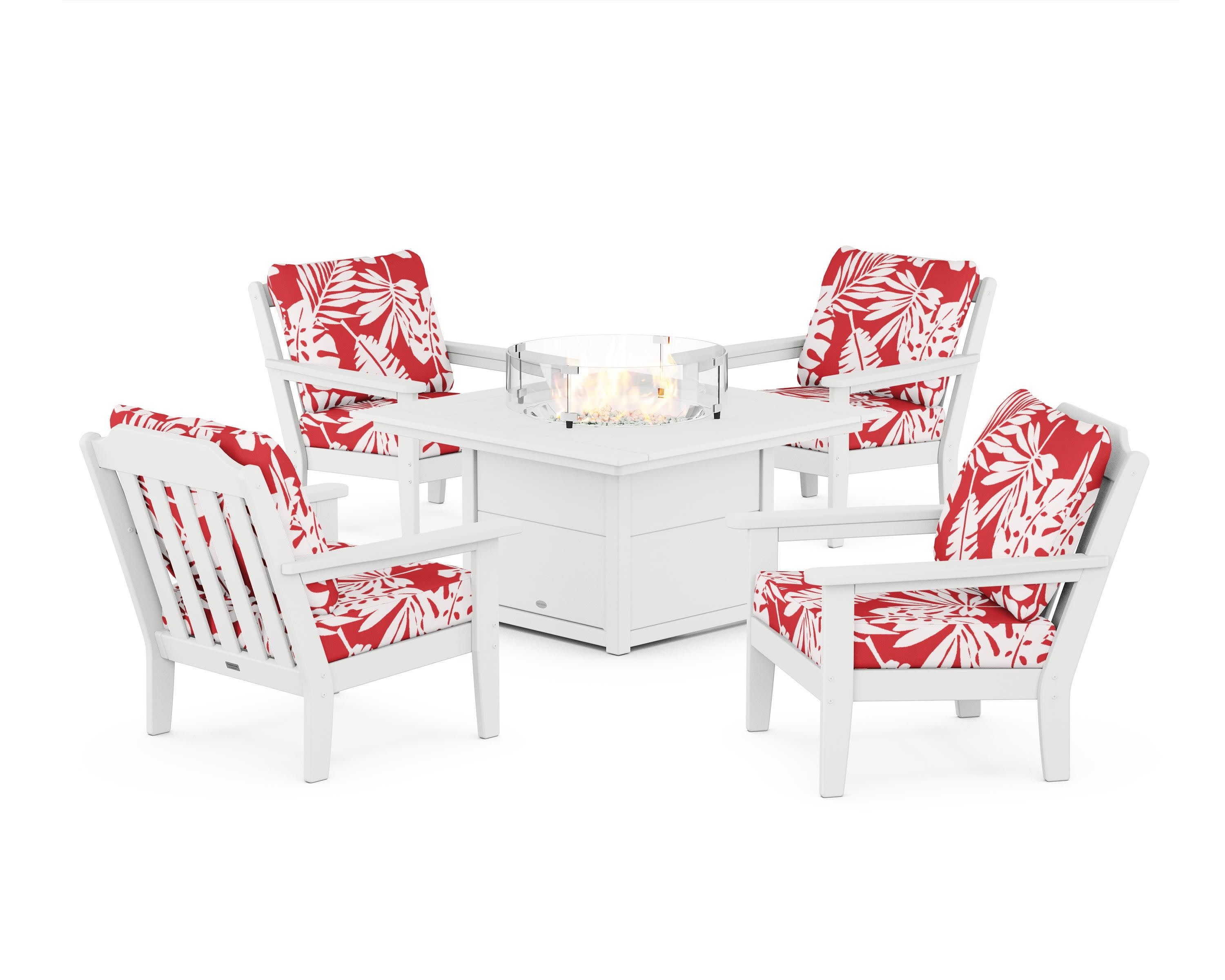 Cottage 5-Piece Deep Seating Set with Fire Pit Table in White / Leaf Crimson