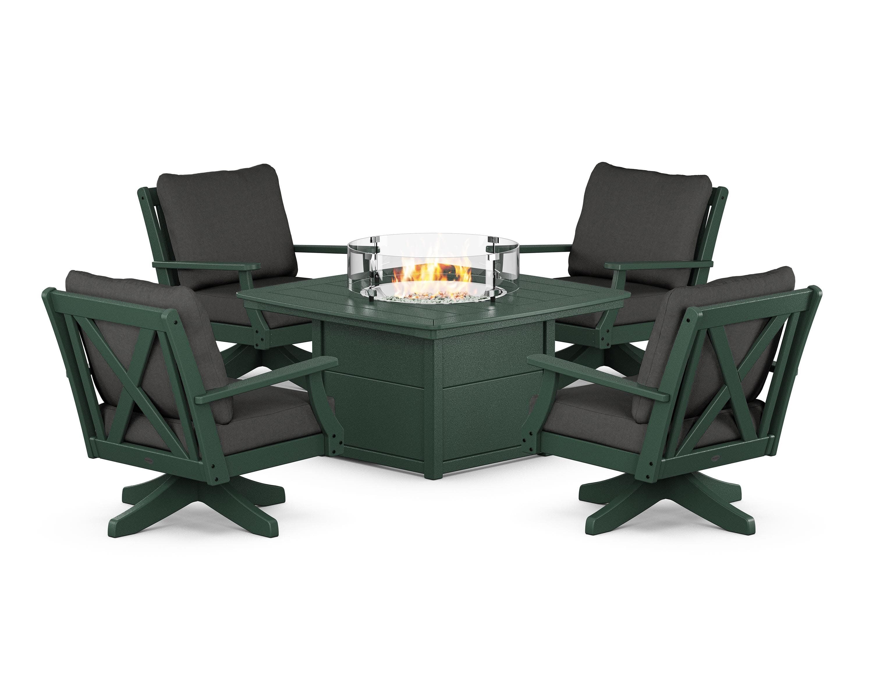 Braxton 5-Piece Deep Seating Swivel Conversation Set with Fire Pit Table in Green / Spectrum Carbon