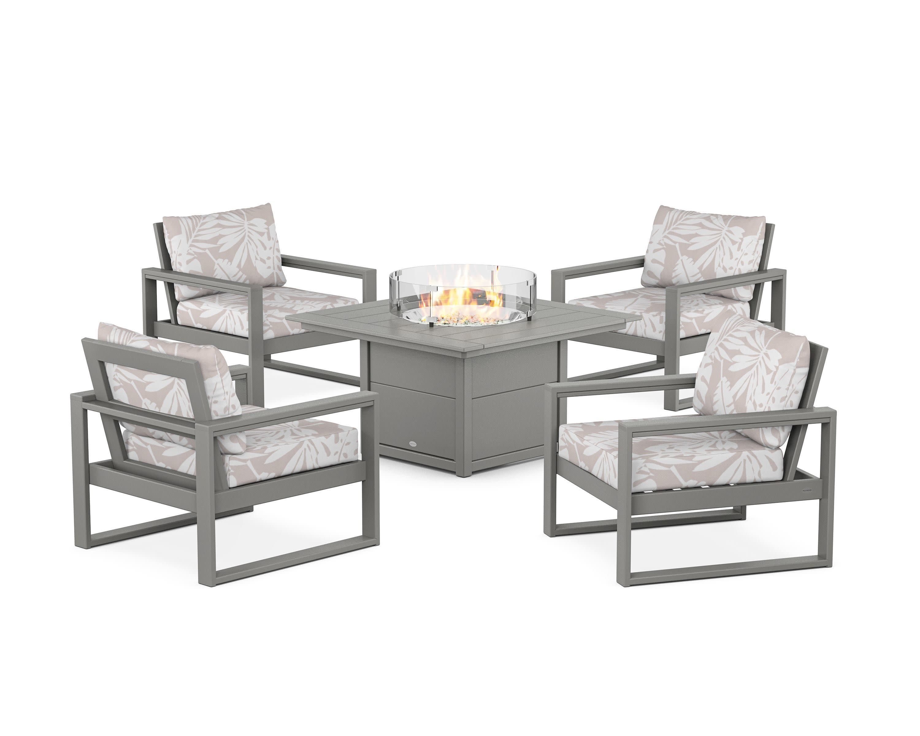 EDGE Sectional 5-Piece Deep Seating Set with Fire Pit Table in Slate Grey / Leaf Dune Burlap