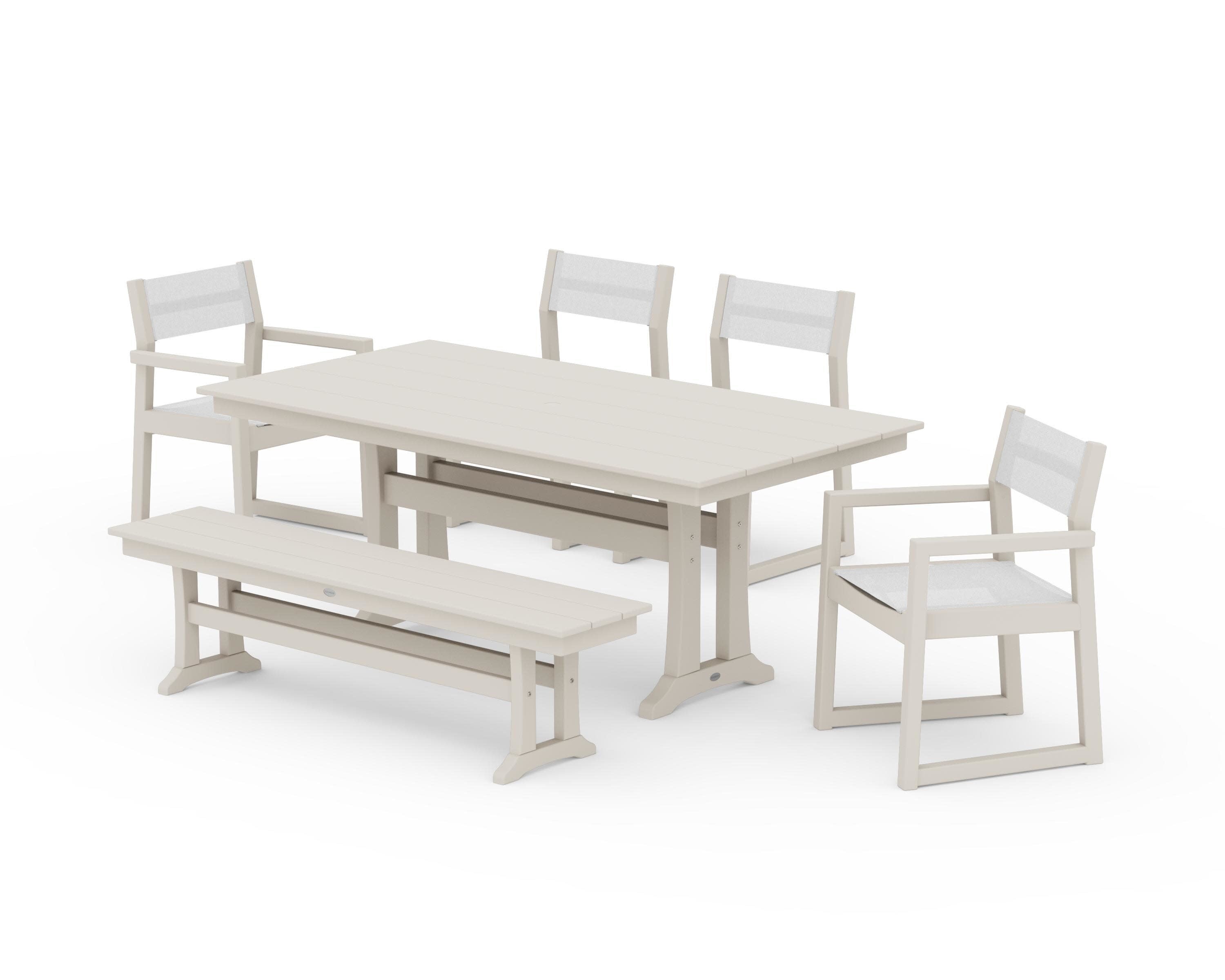 EDGE Sling 6-Piece Farmhouse Dining Set With Trestle Legs in Sand / White Sling
