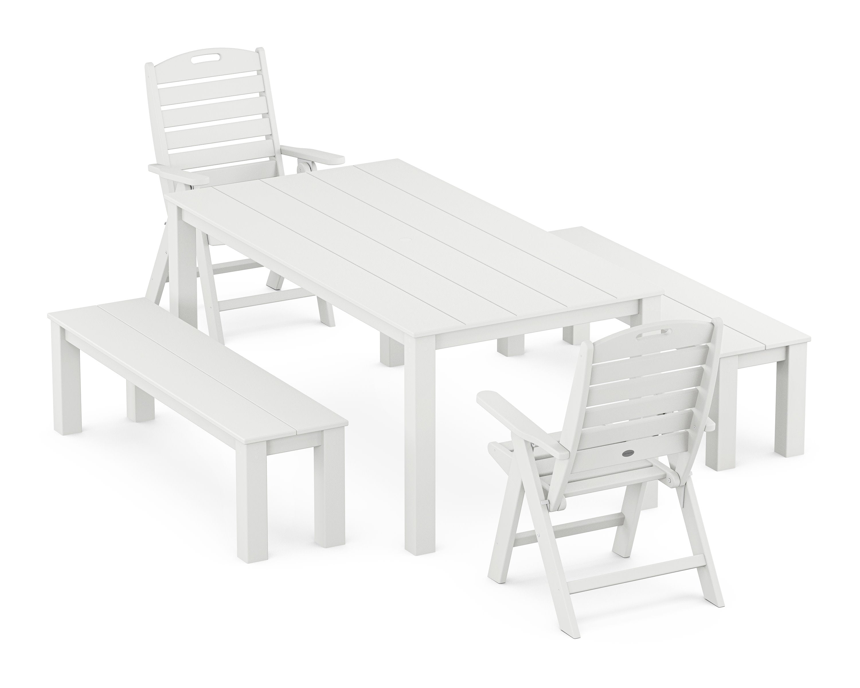 Nautical Folding Highback Chair 5-Piece Parsons Dining Set with Benches in White