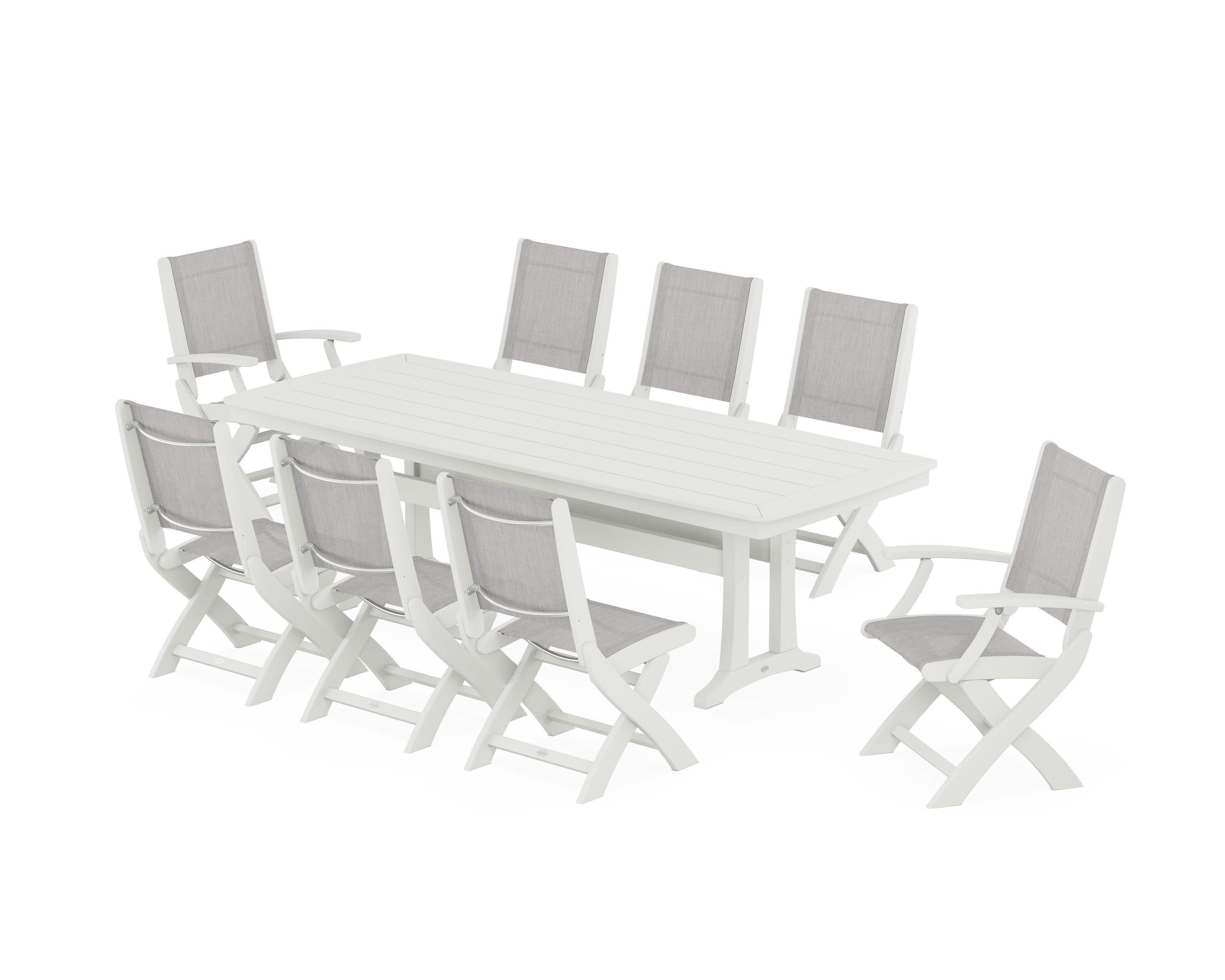 Coastal Folding 9-Piece Dining Set with Trestle Legs in Vintage White / Parchment Sling