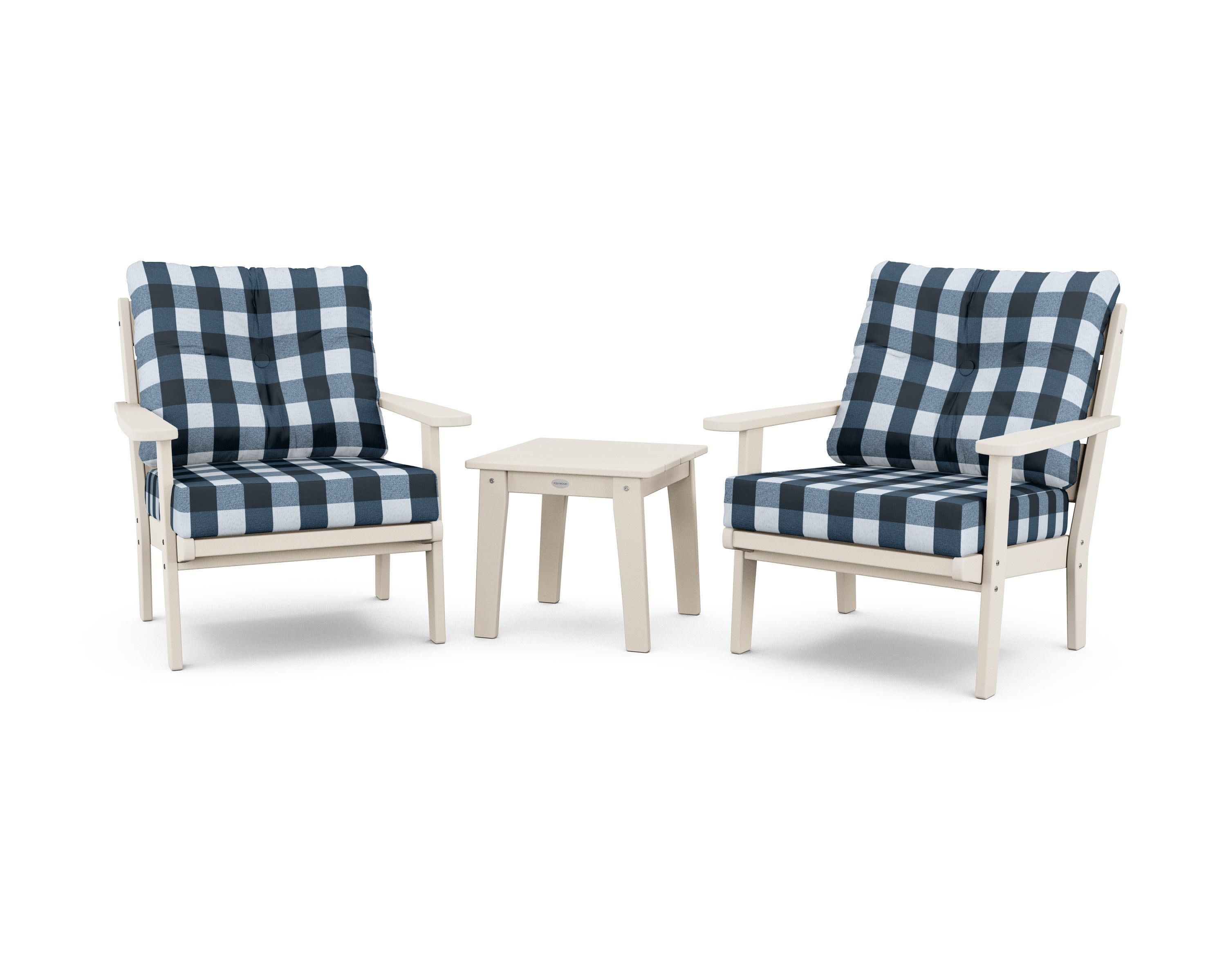 Lakeside 3-Piece Deep Seating Chair Set in Sand / Buffalo Plaid Marine Indigo