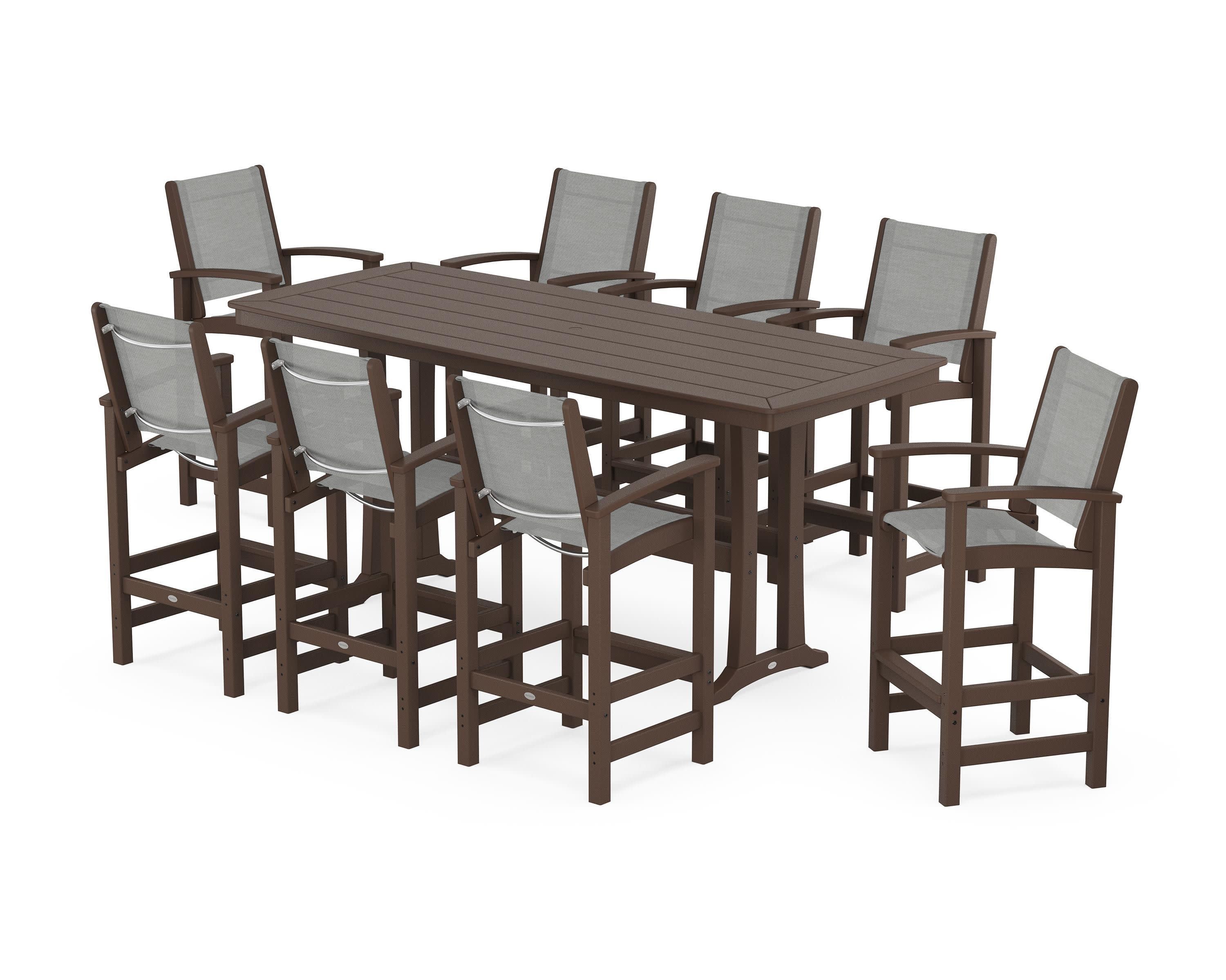 Coastal 9-Piece Bar Set with Trestle Legs in Mahogany / Metallic Sling