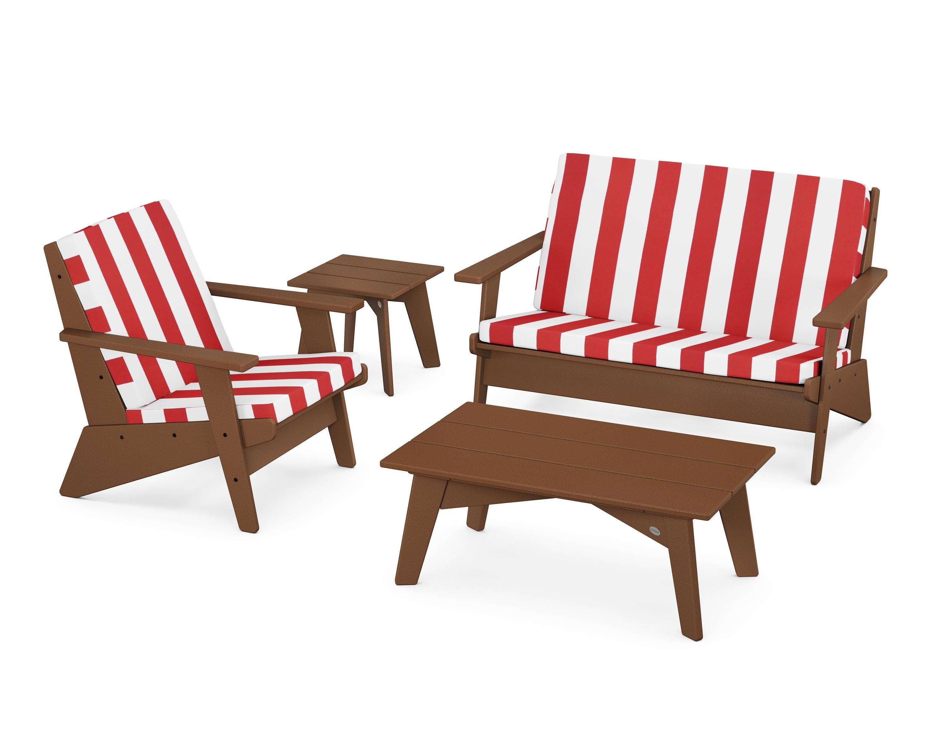 Riviera Modern Lounge 4-Piece Set in Teak / Cabana Stripe Crimson