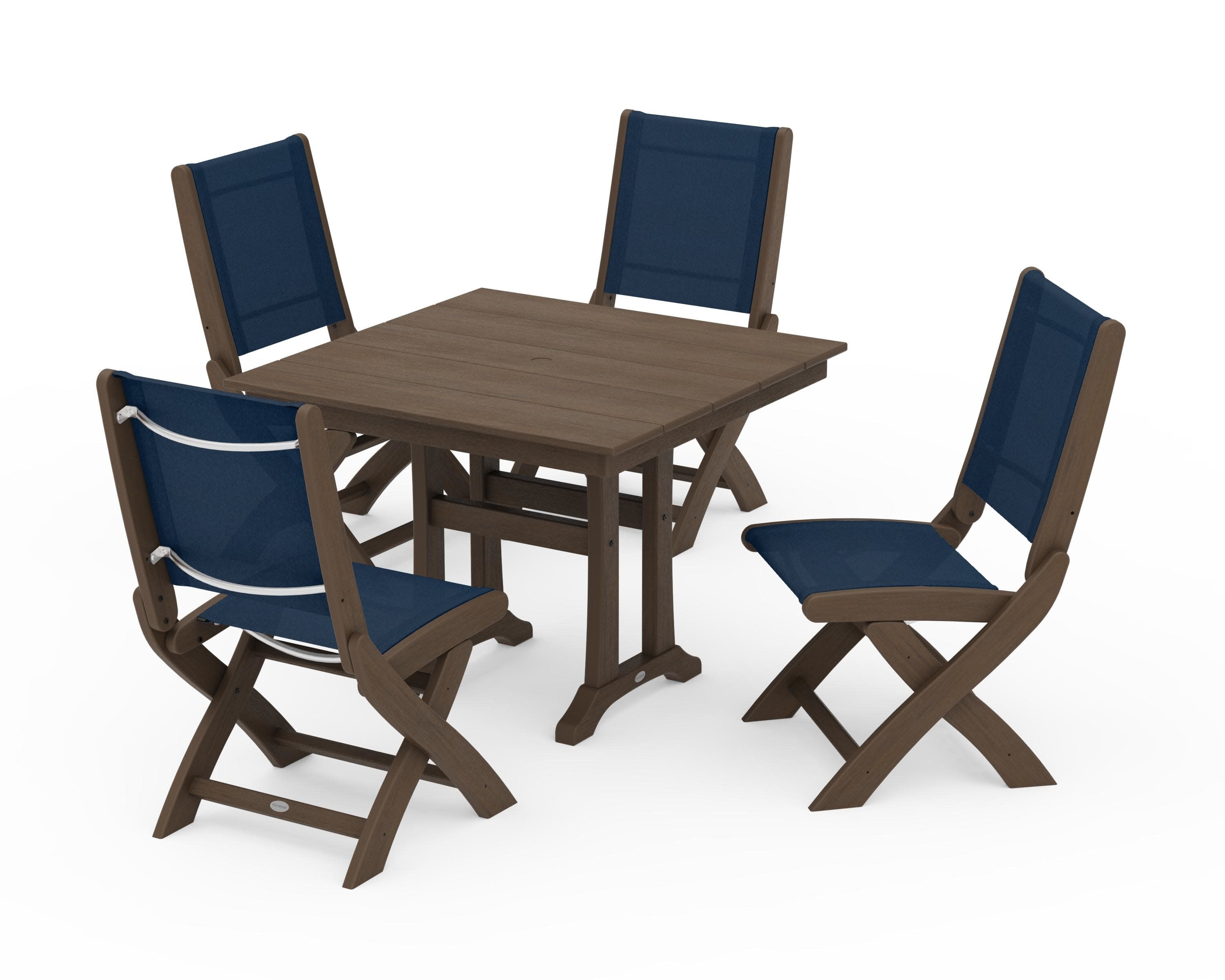 Coastal Folding Side Chair 5-Piece Farmhouse Dining Set With Trestle Legs in Kona / Navy Blue Sling