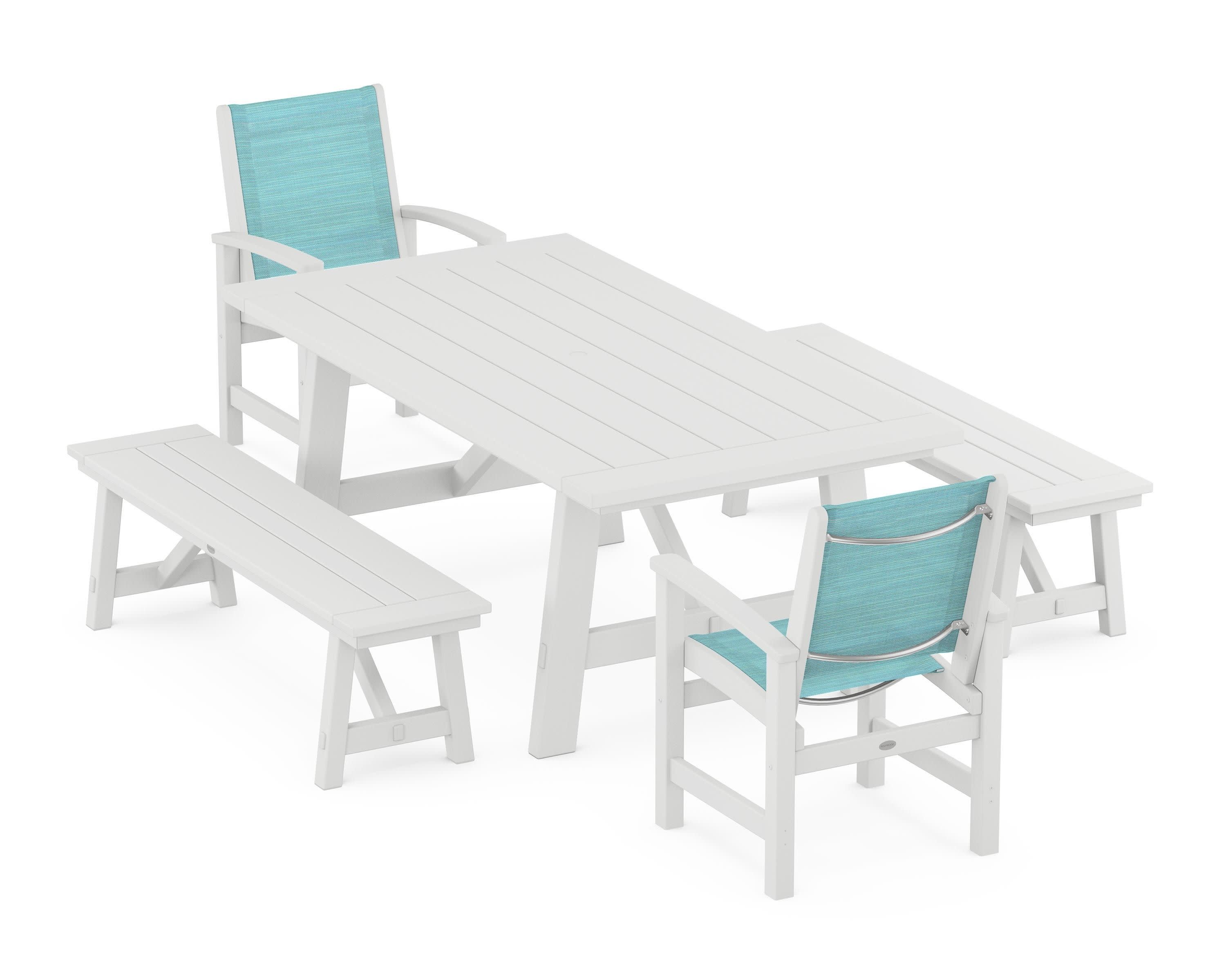Coastal 5-Piece Rustic Farmhouse Dining Set With Benches in White / Dupioni Aquamarine Sling