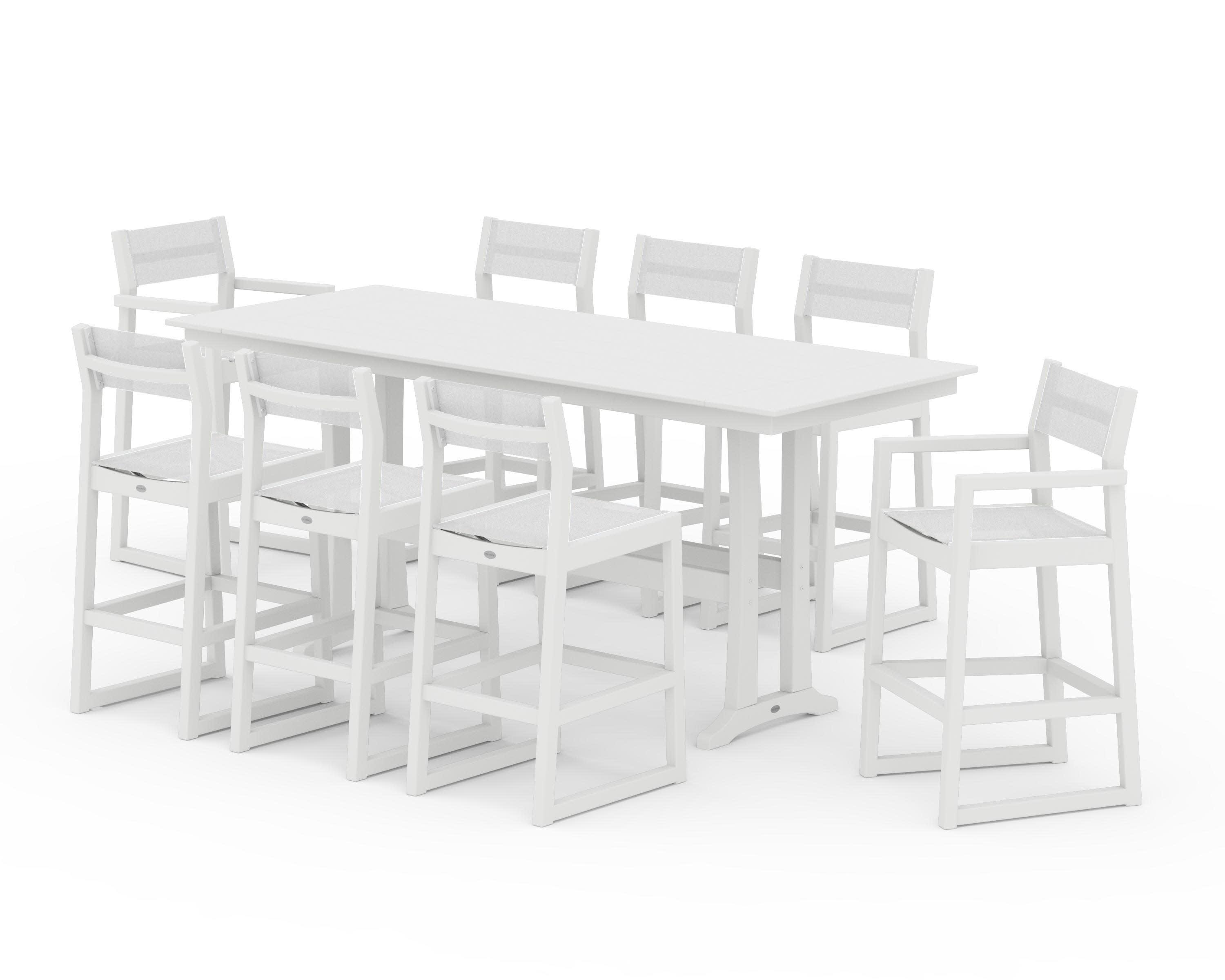 EDGE Sling 9-Piece Farmhouse Bar Set with Trestle Legs in White / White Sling