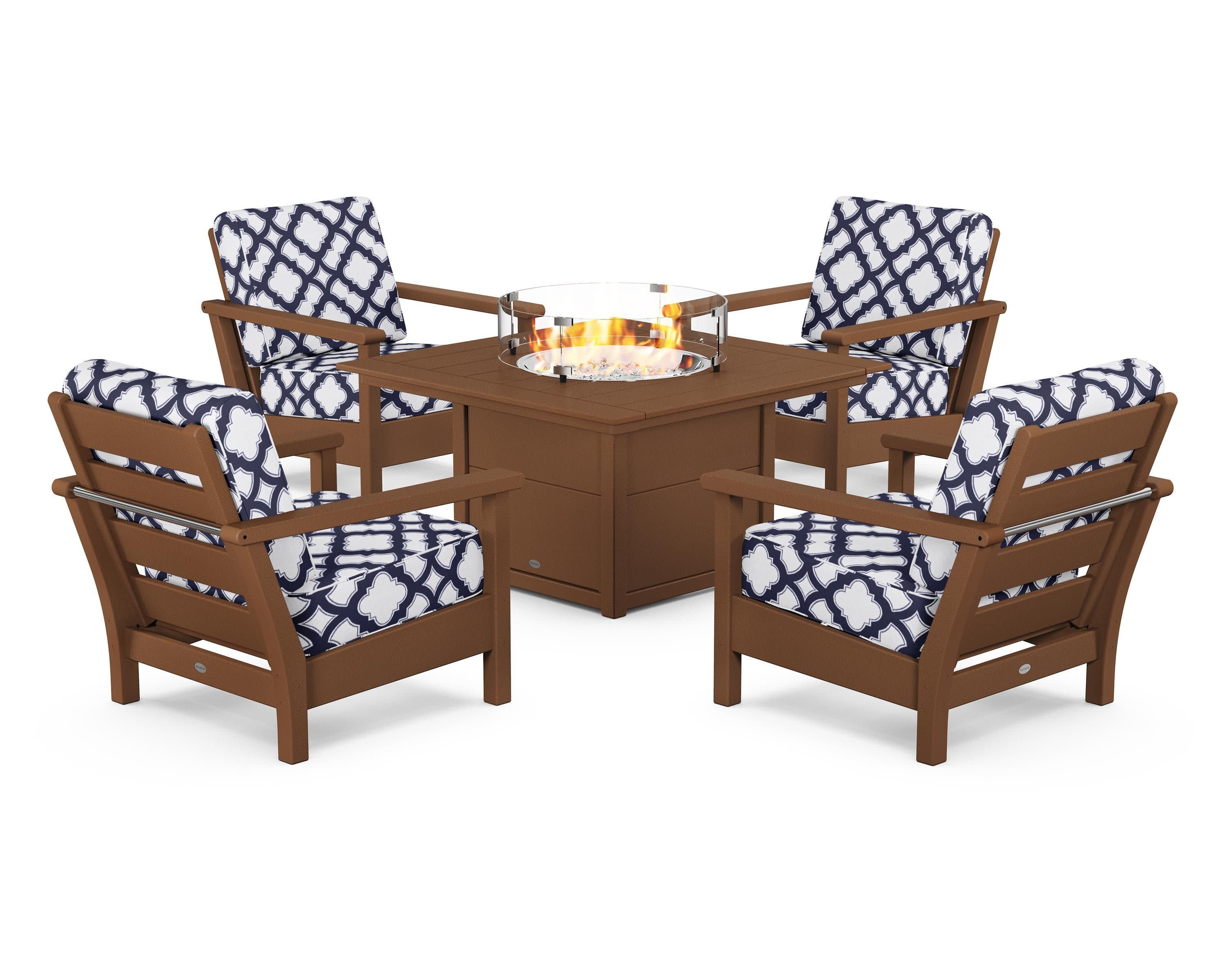 Harbour 5-Piece Conversation Set with Fire Pit Table in Teak / Trellis Navy