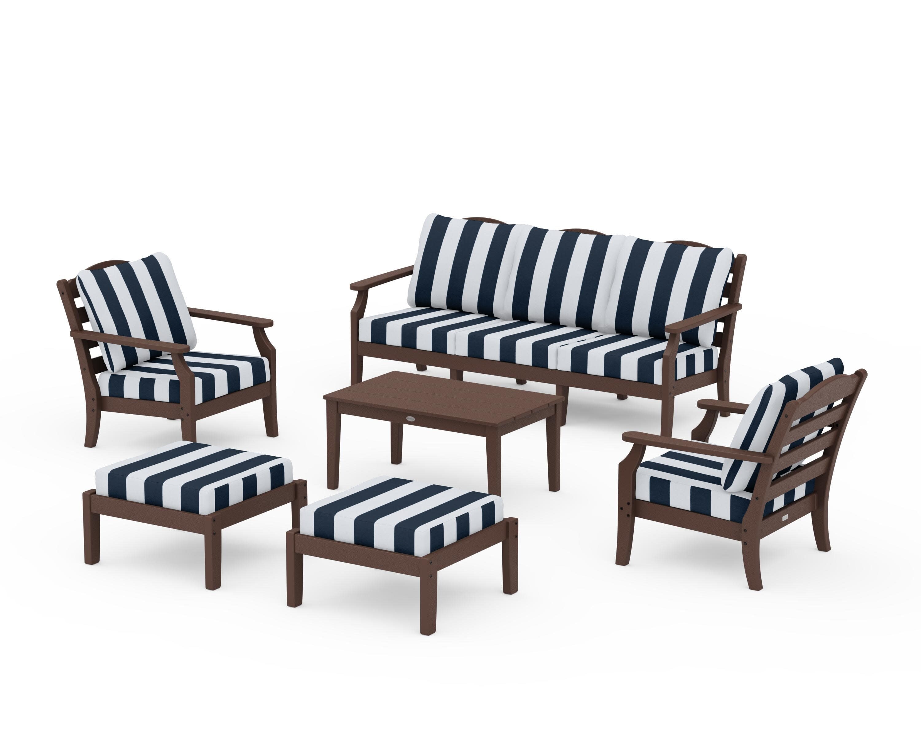 Savannah 6-Piece Lounge Sofa Set in Mahogany / Cabana Stripe Marine Indigo