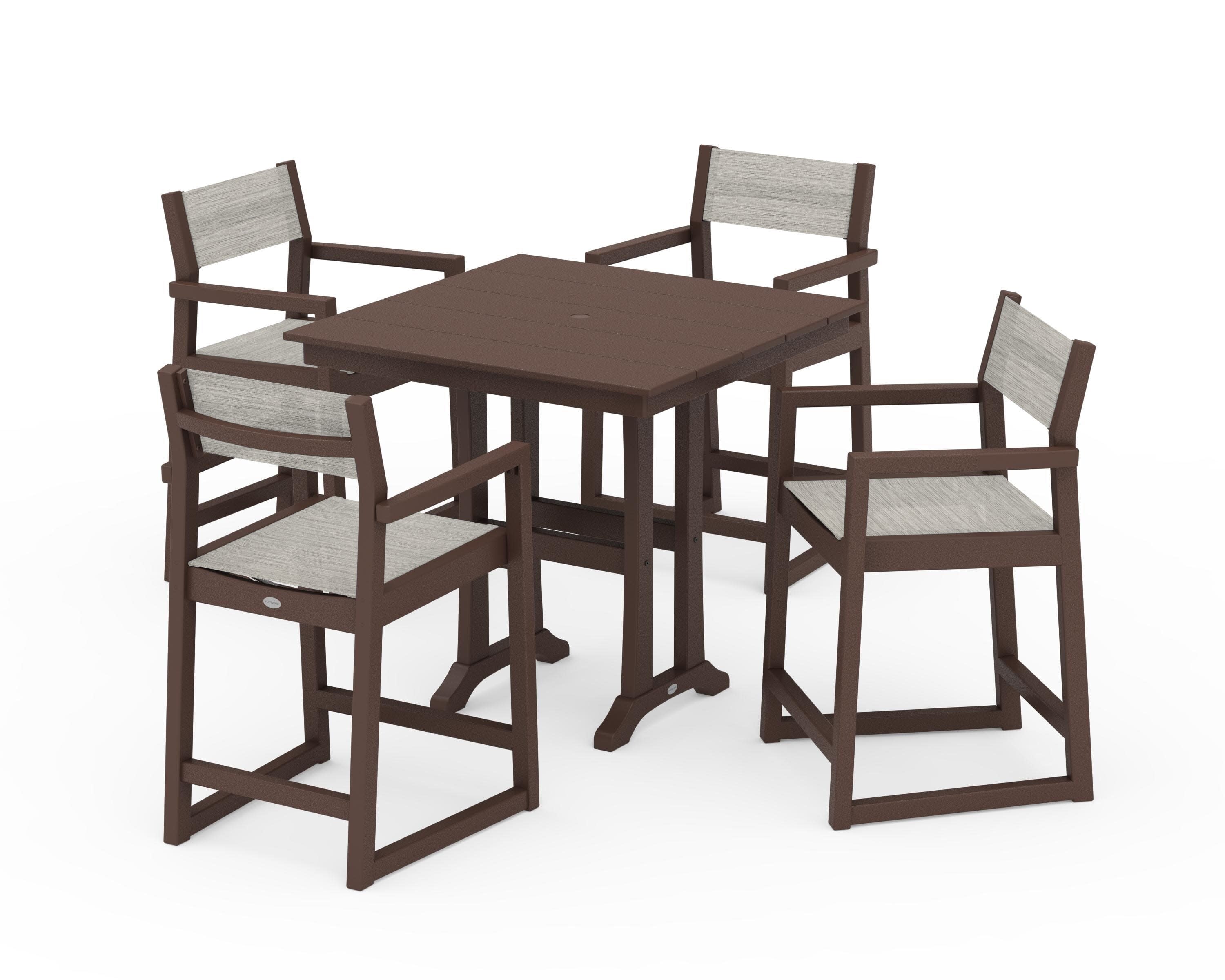 EDGE Sling Arm Chair 5-Piece Farmhouse Counter Set with Trestle Legs in Mahogany / Birch Sling