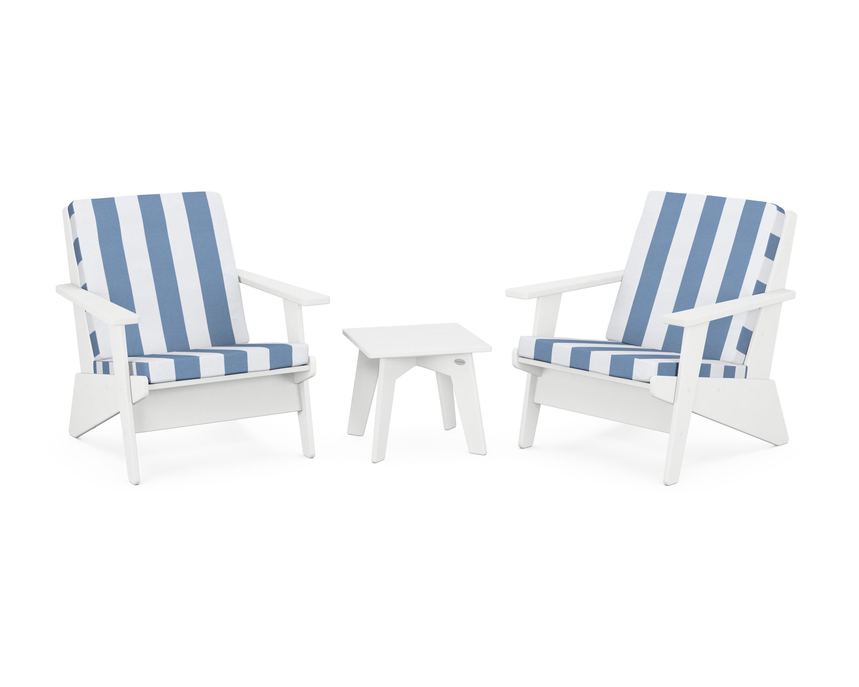 Riviera Modern Lounge 3-Piece Set in White / Cabana Stripe Sky Blue