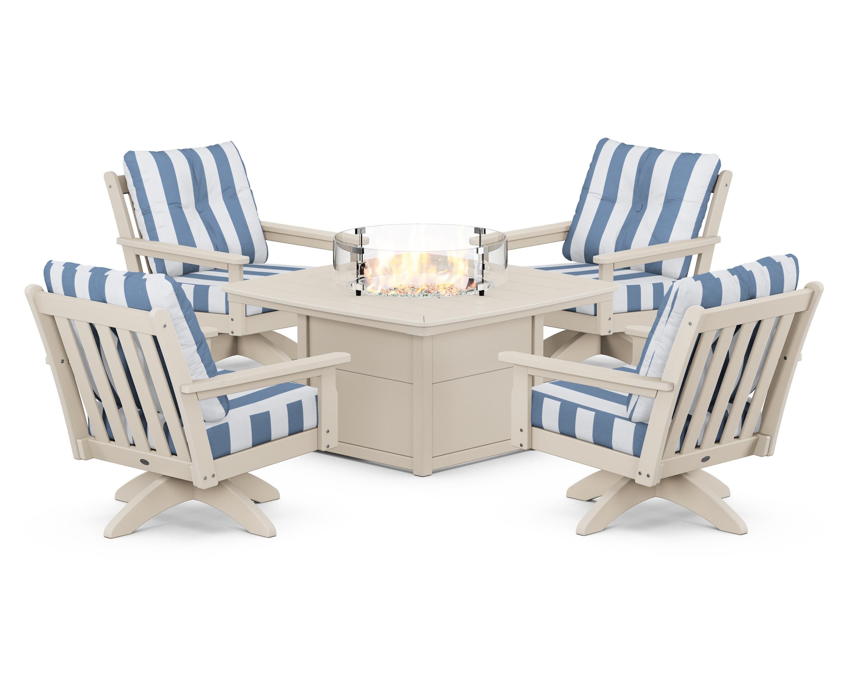 Vineyard 5-Piece Deep Seating Swivel Conversation Set with Fire Pit Table in Sand / Cabana Stripe Sky Blue