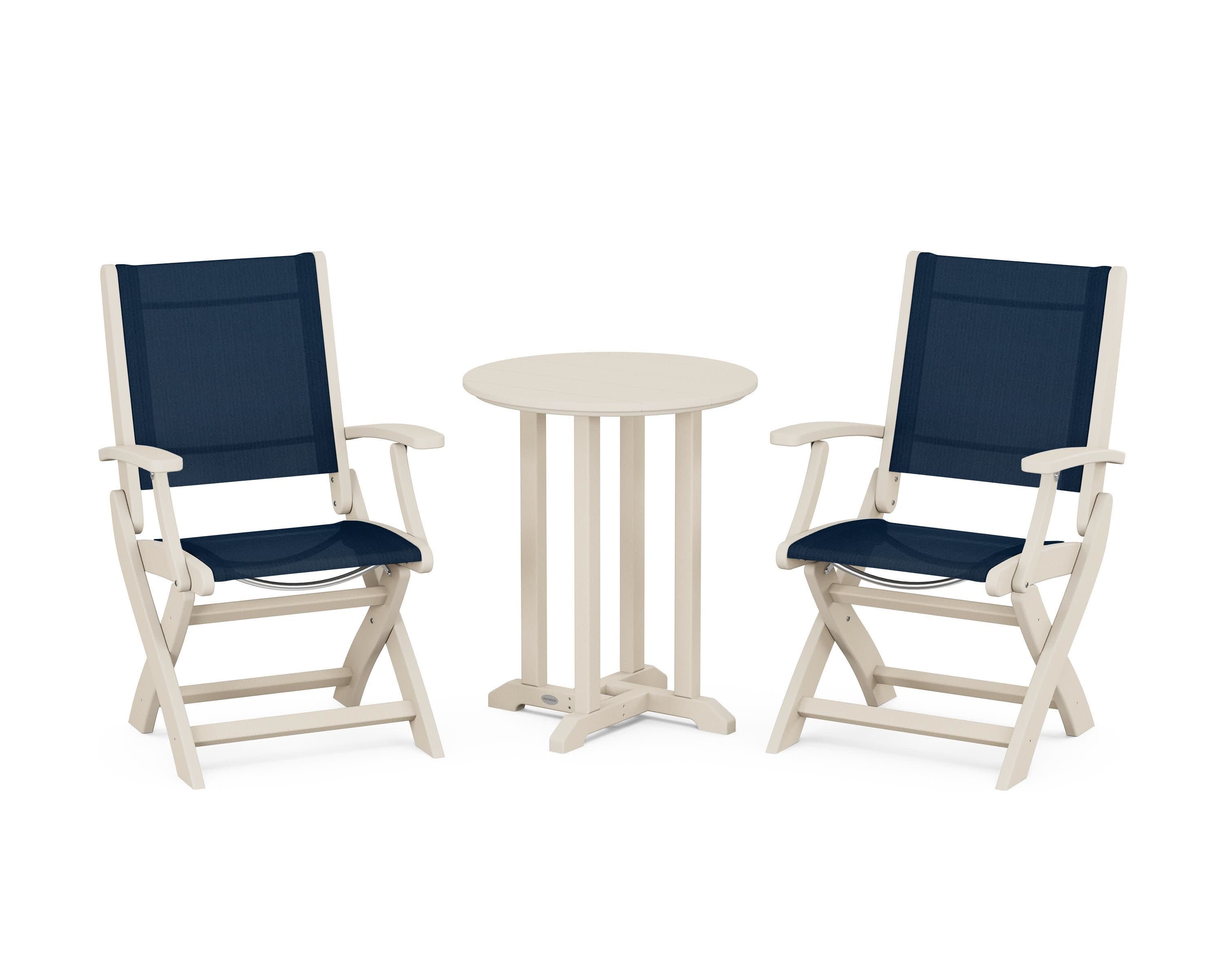 Coastal Folding 3-Piece Round Bistro Dining Set in Sand / Navy Blue Sling