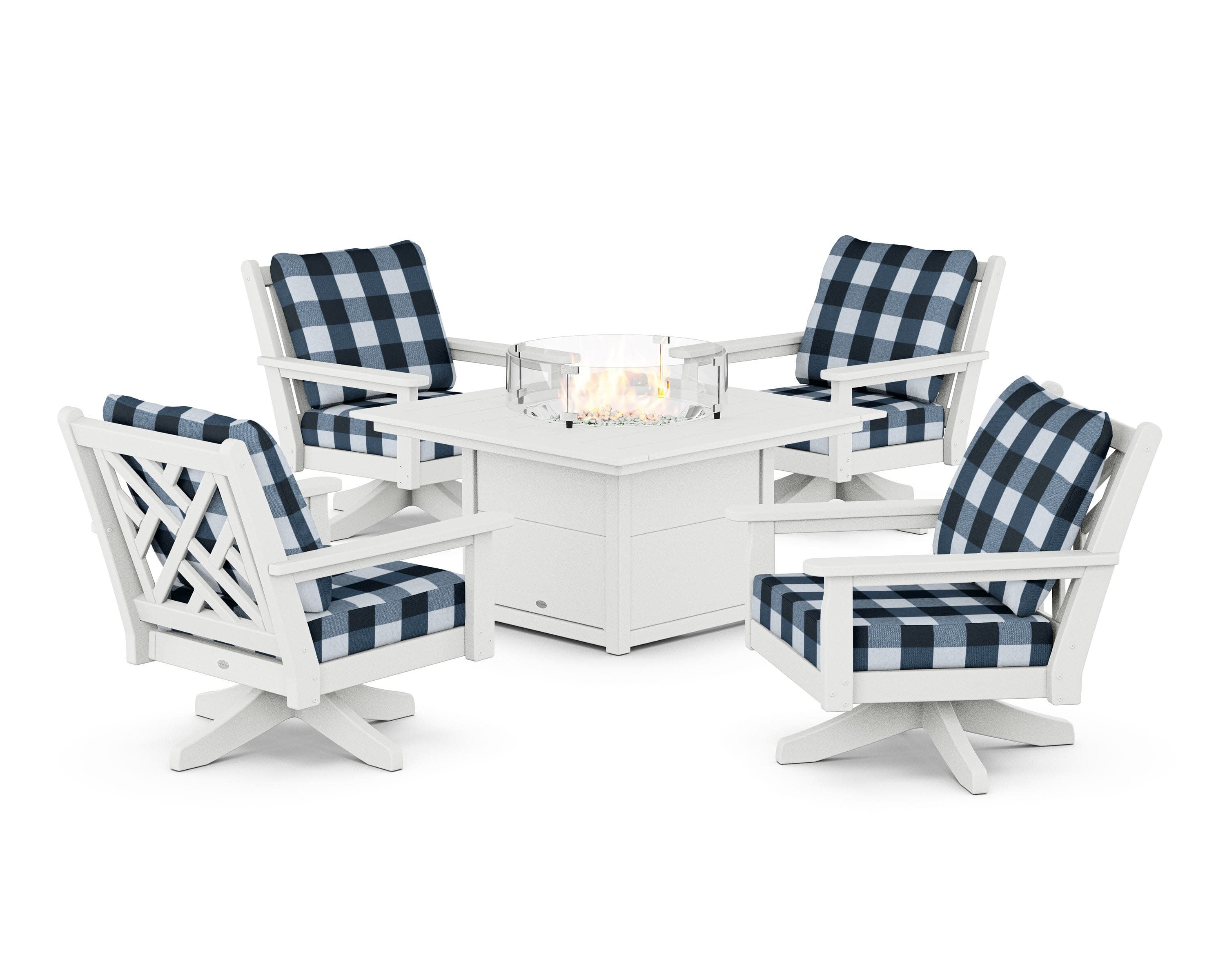 Chippendale 5-Piece Deep Seating Swivel Conversation Set with Fire Pit Table in White / Buffalo Plaid Marine Indigo
