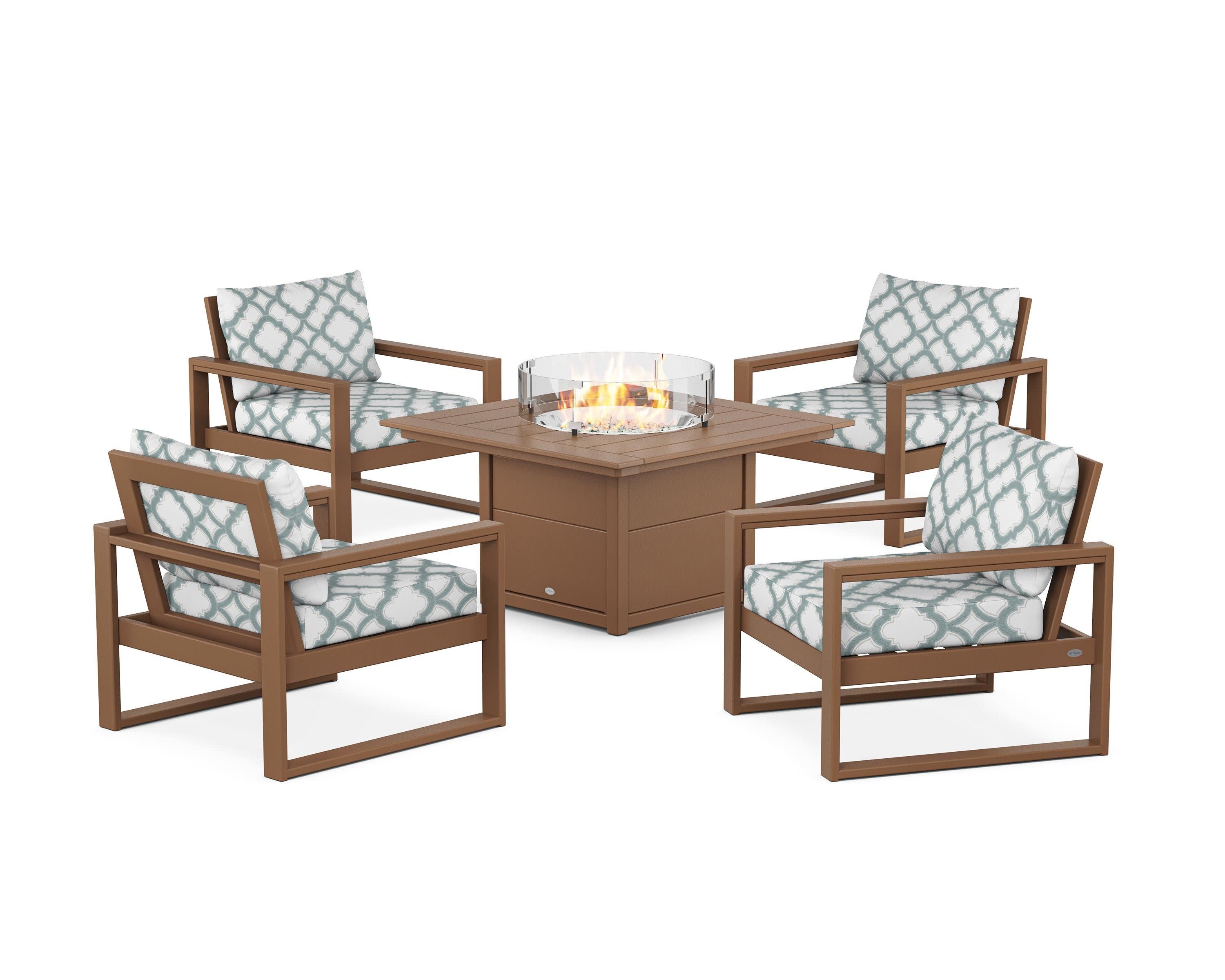 EDGE Sectional 5-Piece Deep Seating Set with Fire Pit Table in Teak / Trellis Glacier Spa