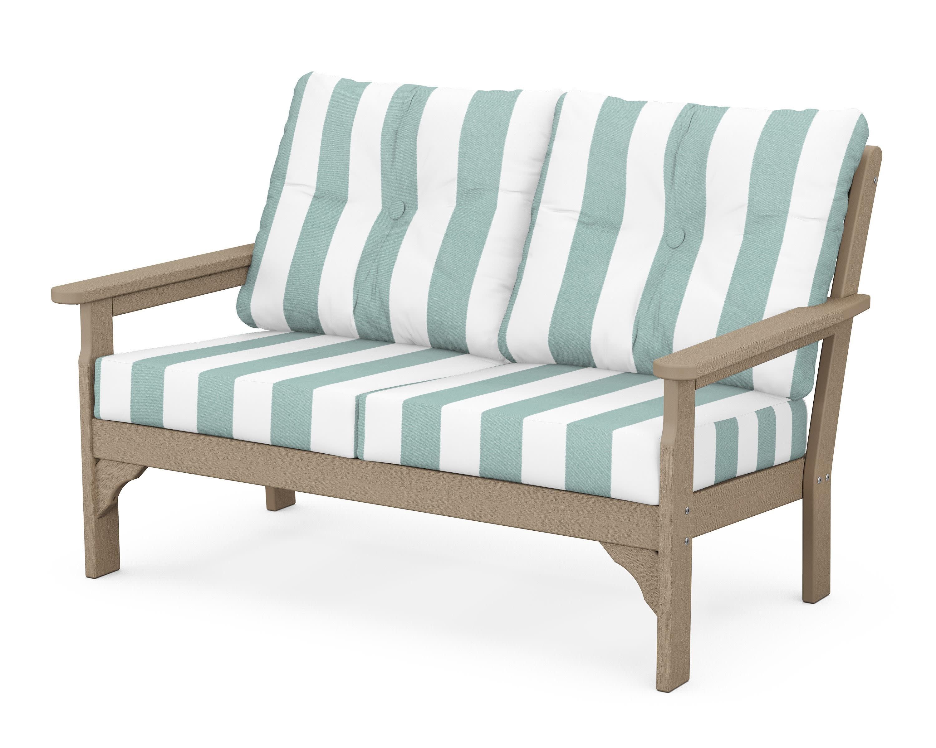 Vineyard Deep Seating Loveseat in Vintage Sahara / Cabana Stripe Glacier Spa